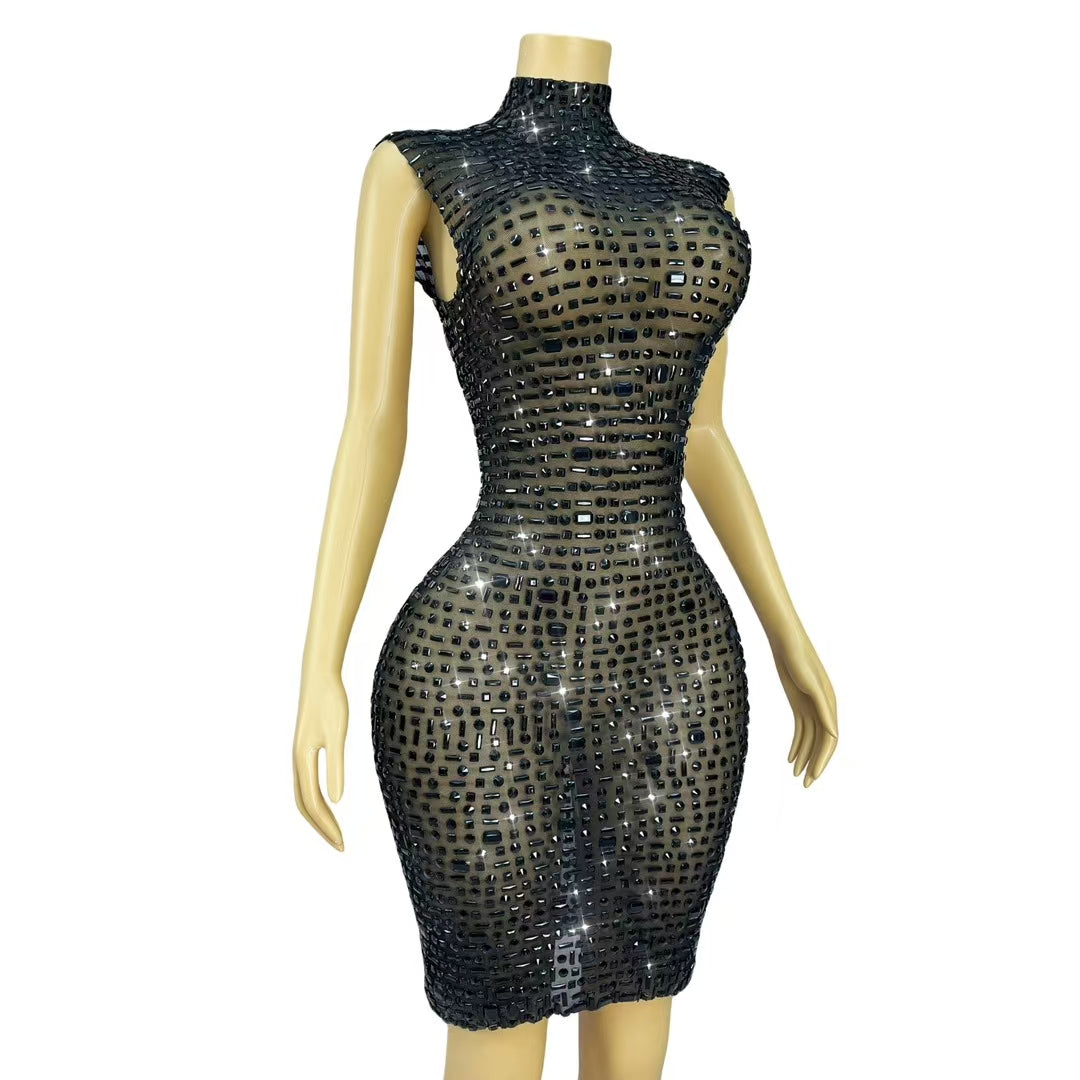 CELESINYI Heibei Crystal Black Mini Dress