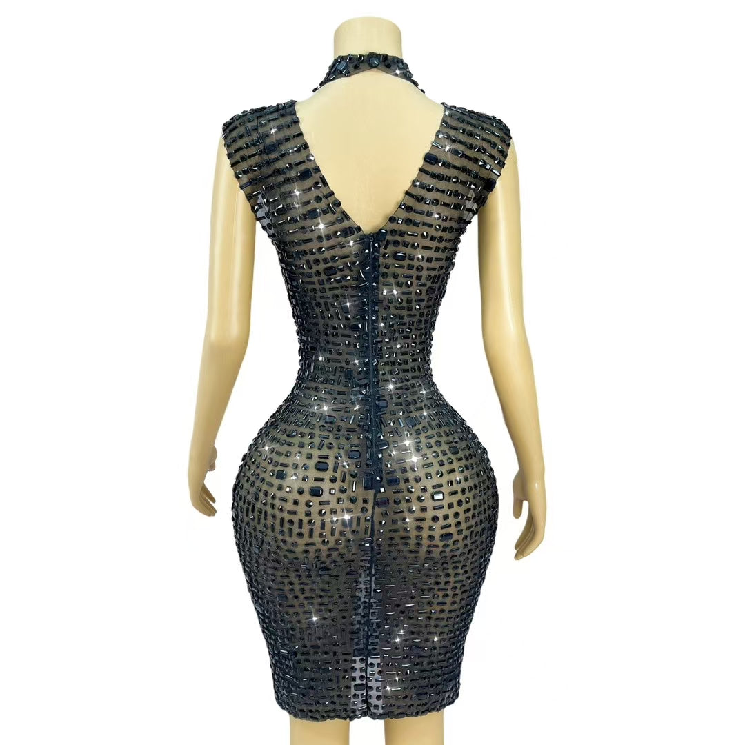 CELESINYI Heibei Crystal Black Mini Dress