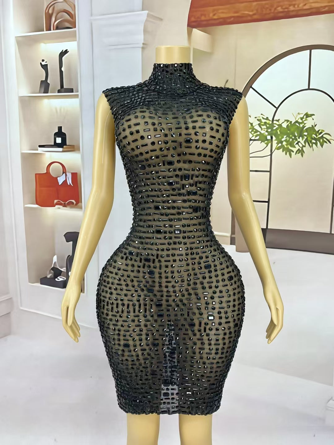 CELESINYI Heibei Crystal Black Mini Dress