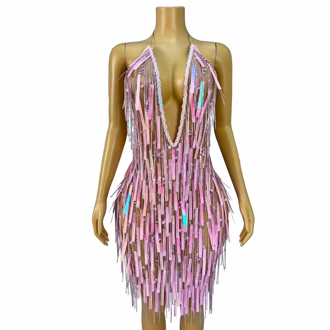 CELESINYI Ziliu Crystal Pink Fringe Rain Gown
