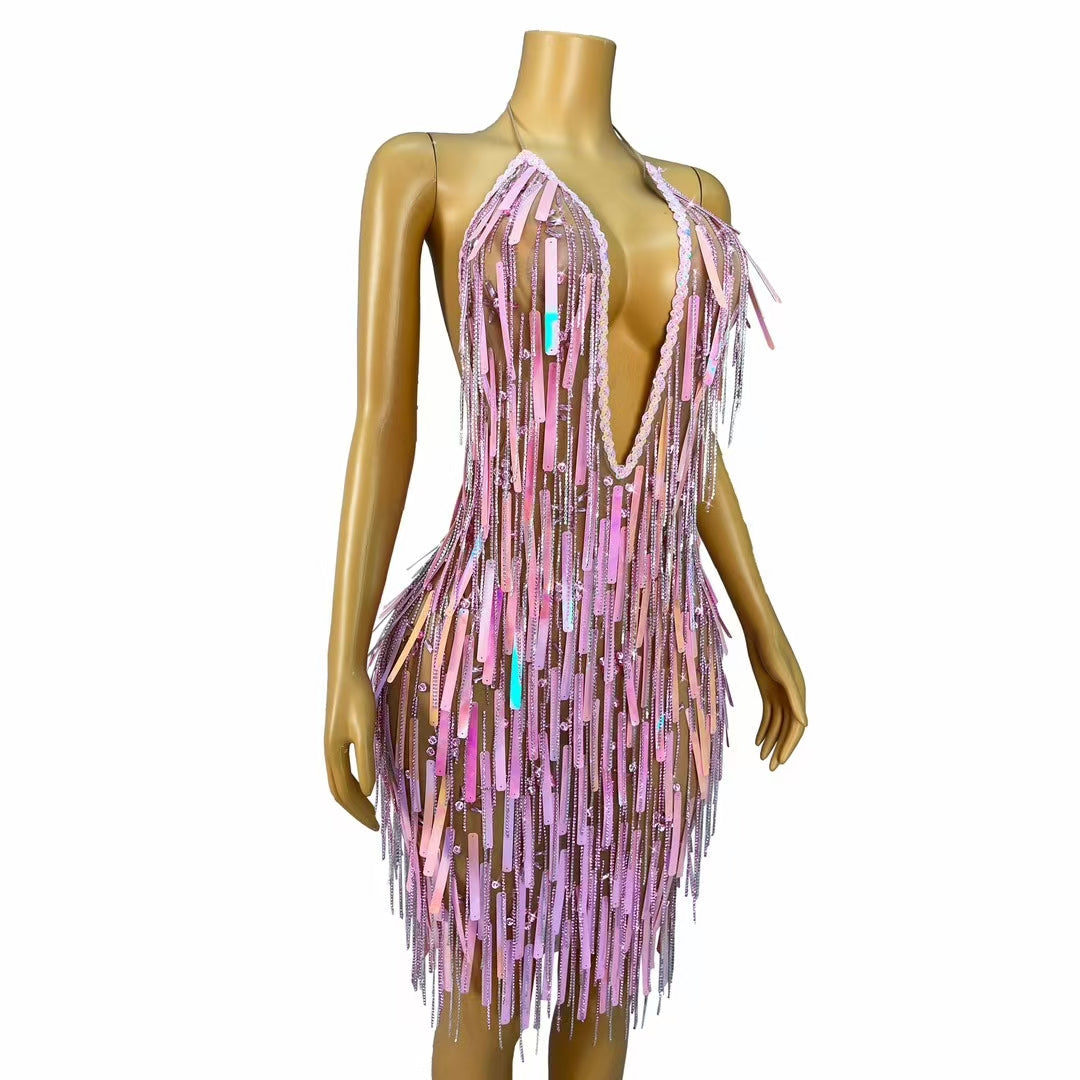 CELESINYI Ziliu Crystal Pink Fringe Rain Gown
