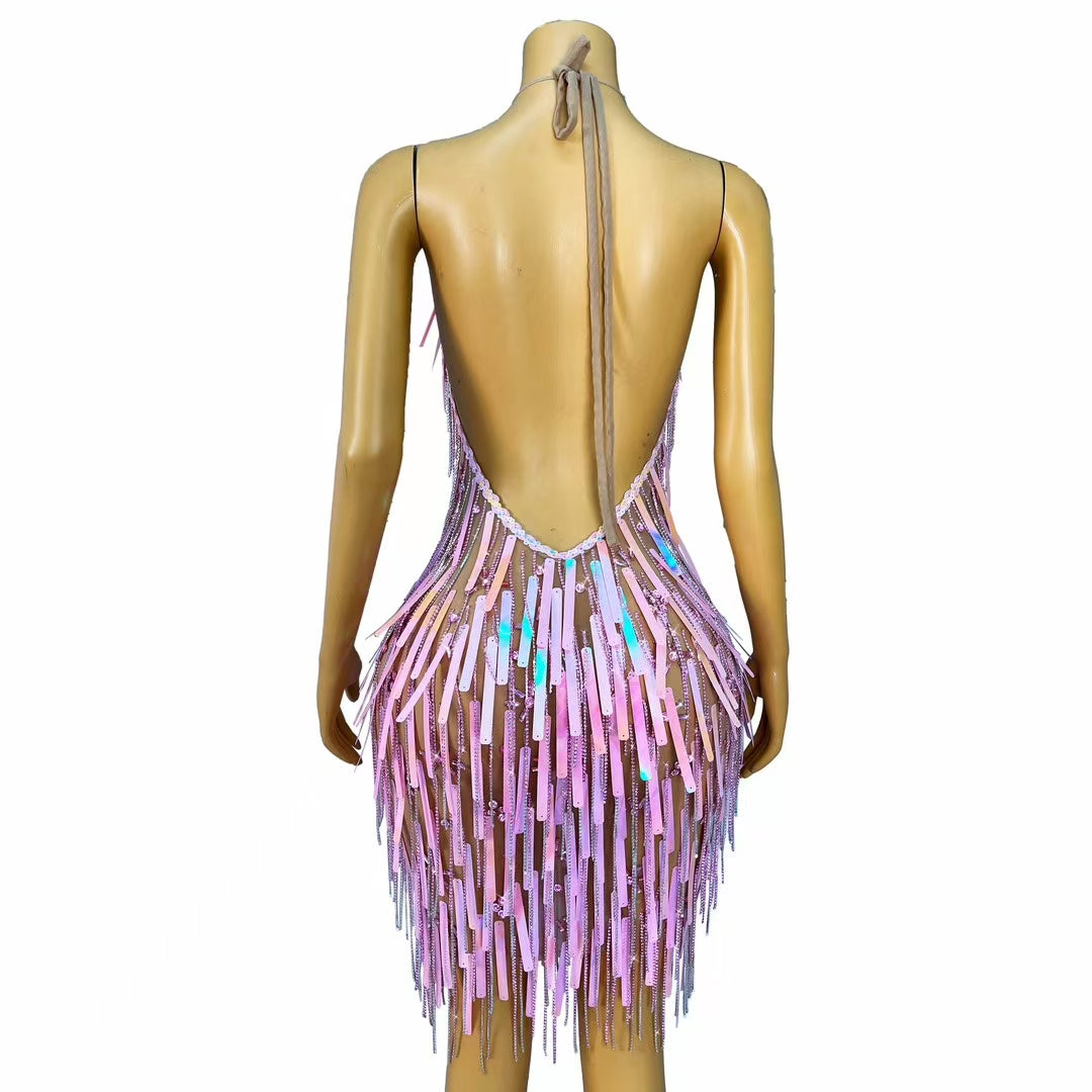 CELESINYI Ziliu Crystal Pink Fringe Rain Gown