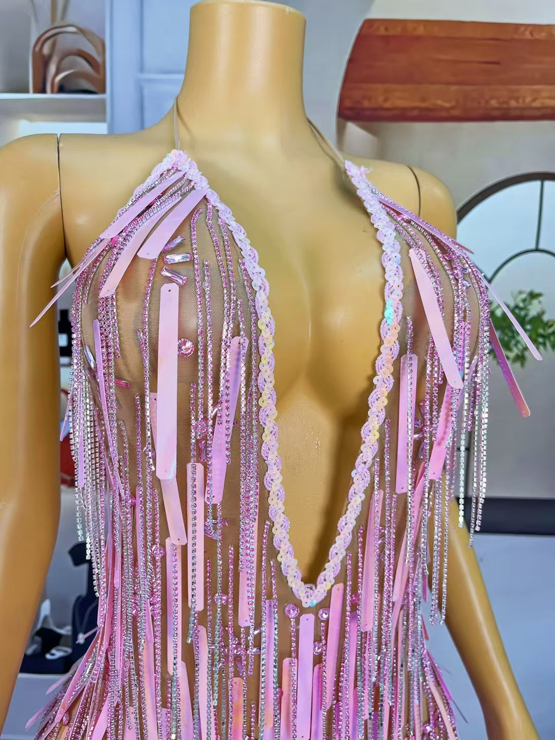 CELESINYI Ziliu Crystal Pink Fringe Rain Gown