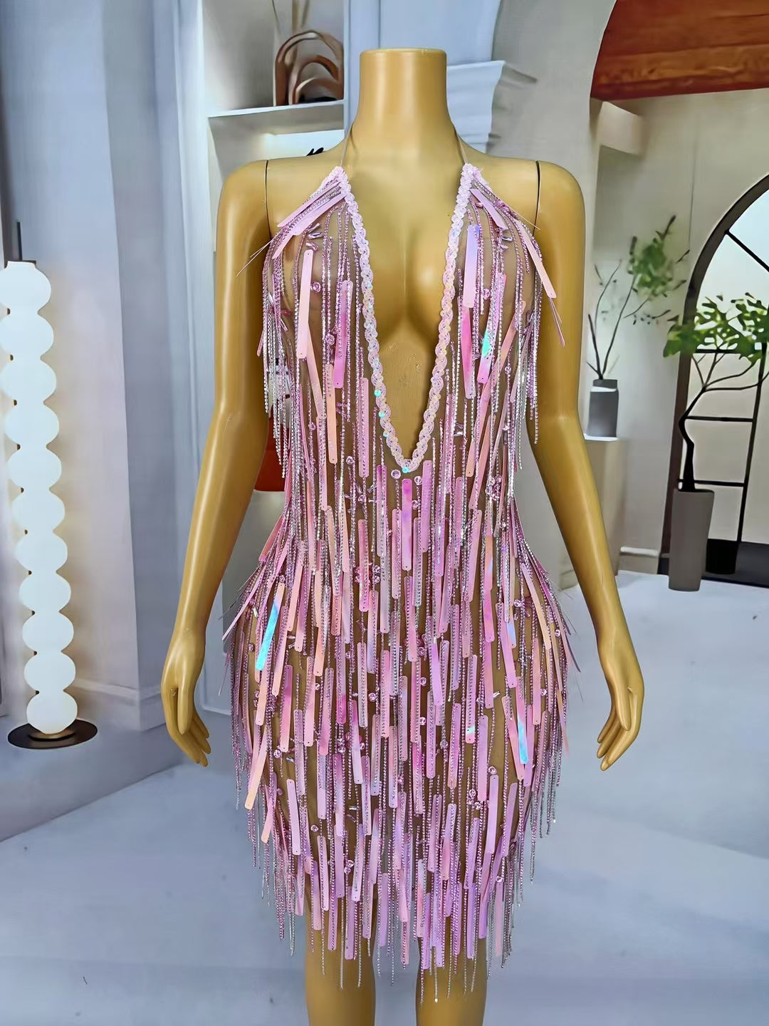 CELESINYI Ziliu Crystal Pink Fringe Rain Gown