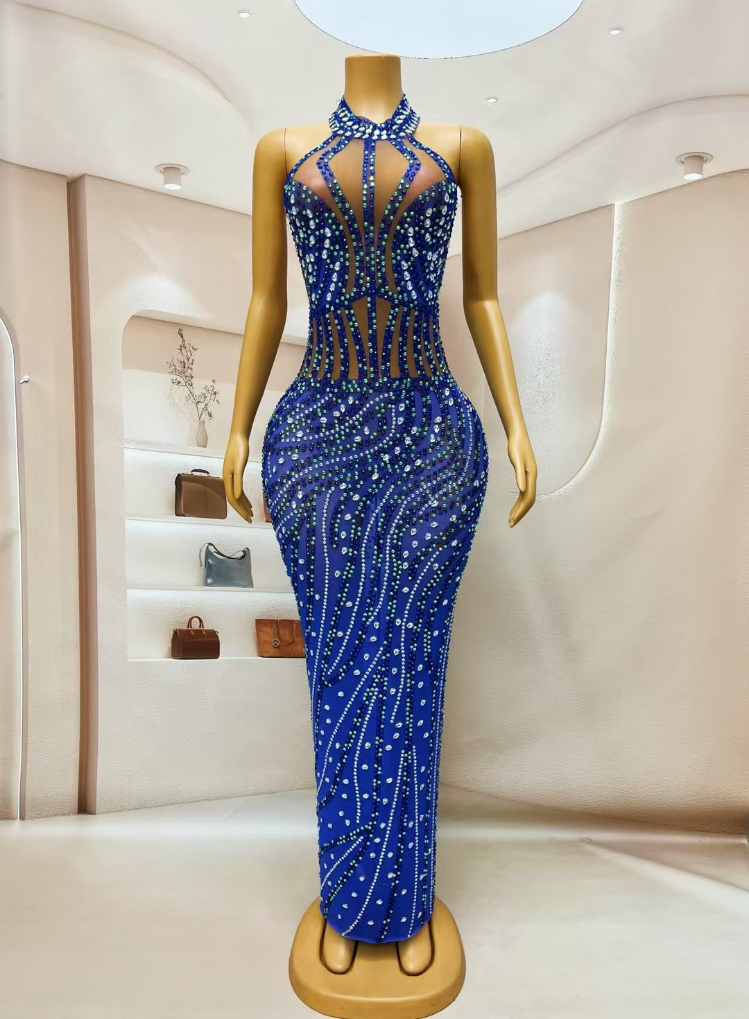 CELESINYI Shuiliu Crystal Cobalt Cage Bodysuit