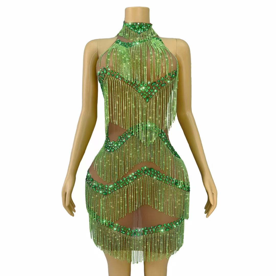 CELESINYI Lvyin Crystal Emerald Feather Gown