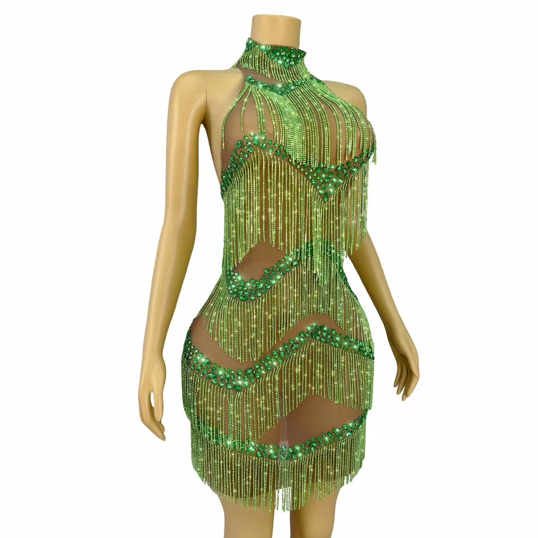 CELESINYI Lvyin Crystal Emerald Feather Gown