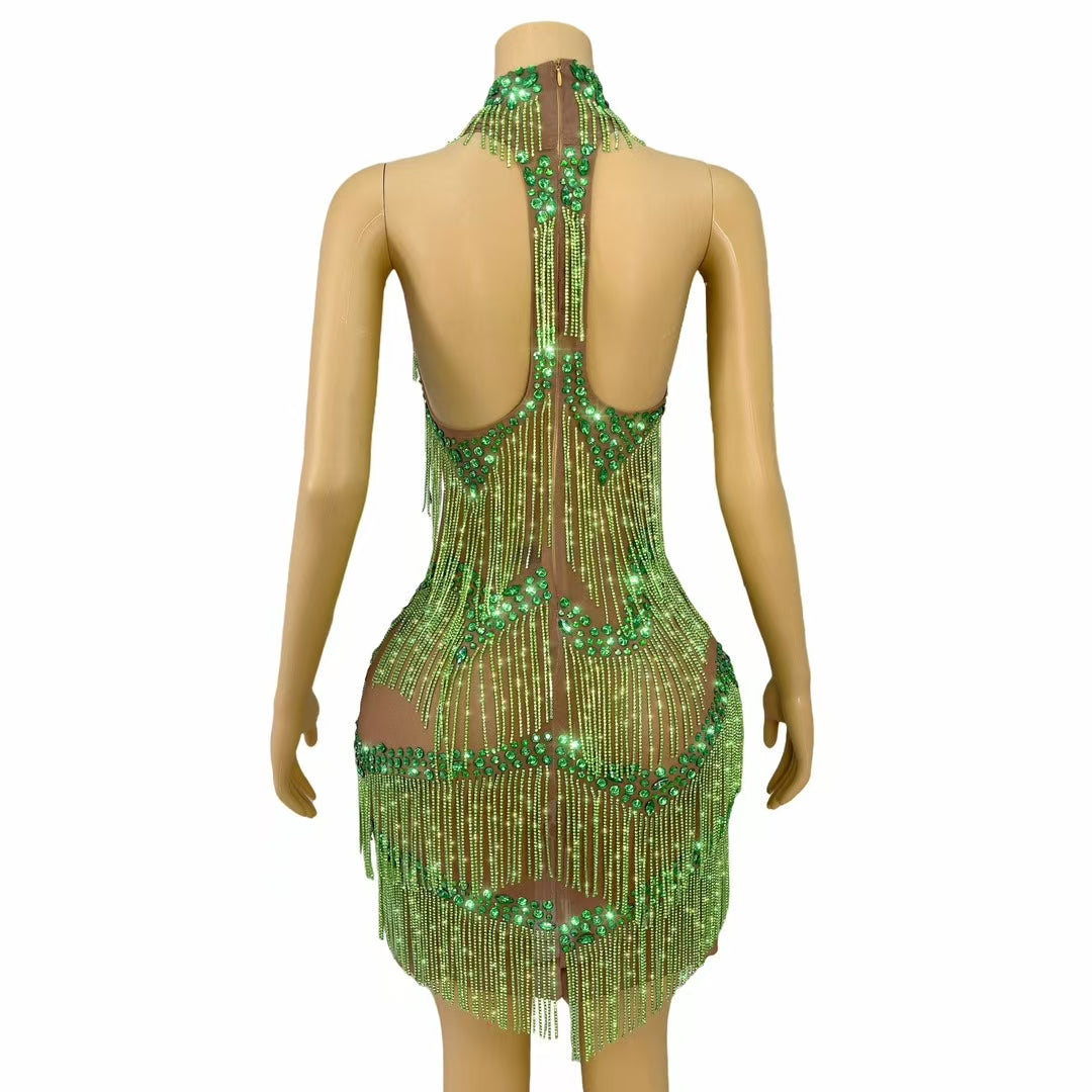 CELESINYI Lvyin Crystal Emerald Feather Gown