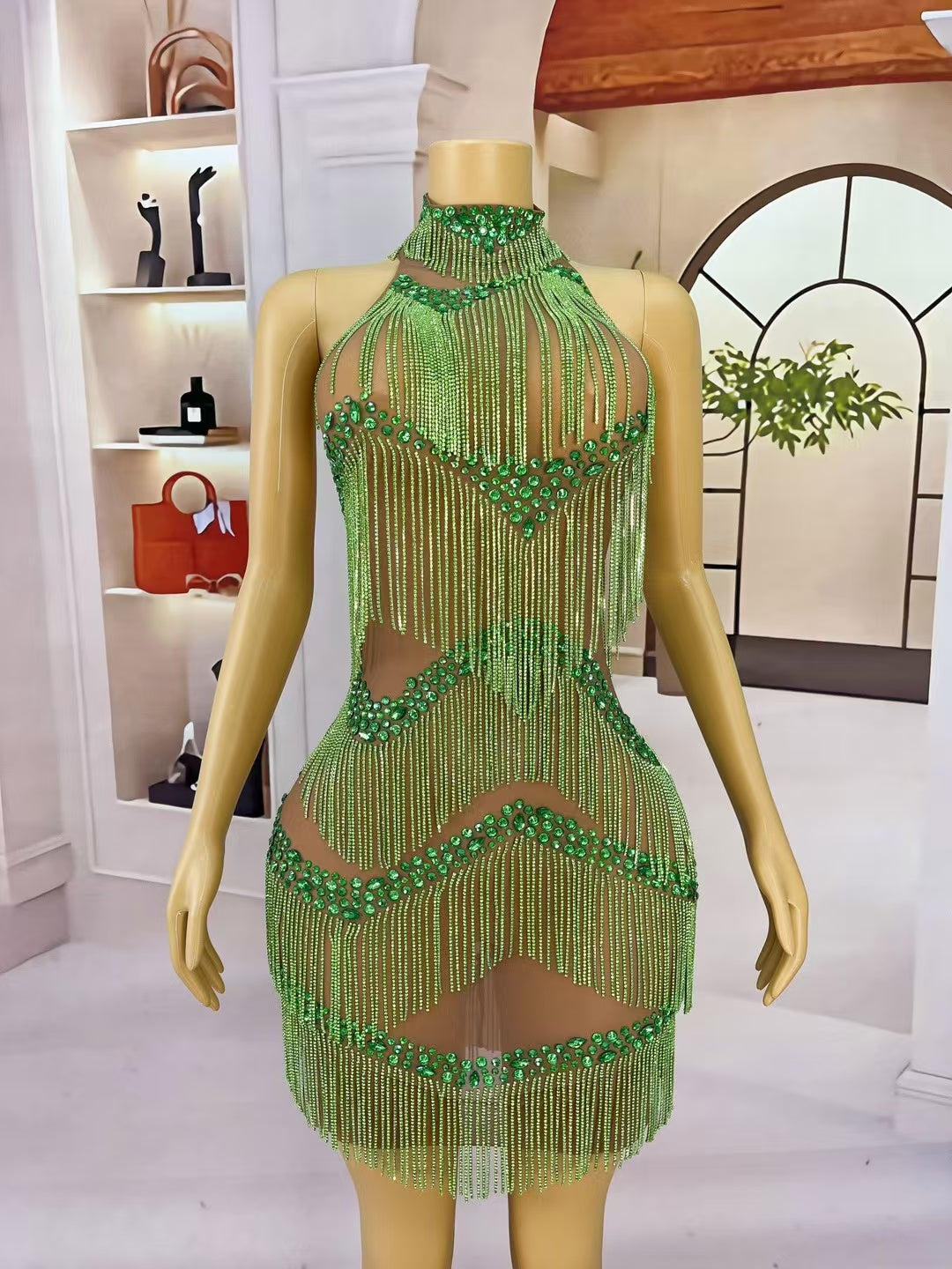 CELESINYI Lvyin Crystal Emerald Feather Gown