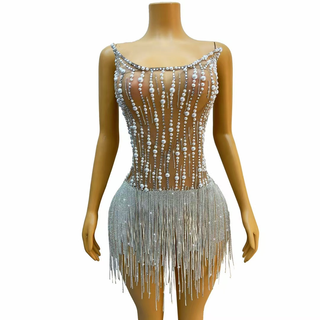 CELESINYI Xifeng Crystal Pearl Rain Mini Dress