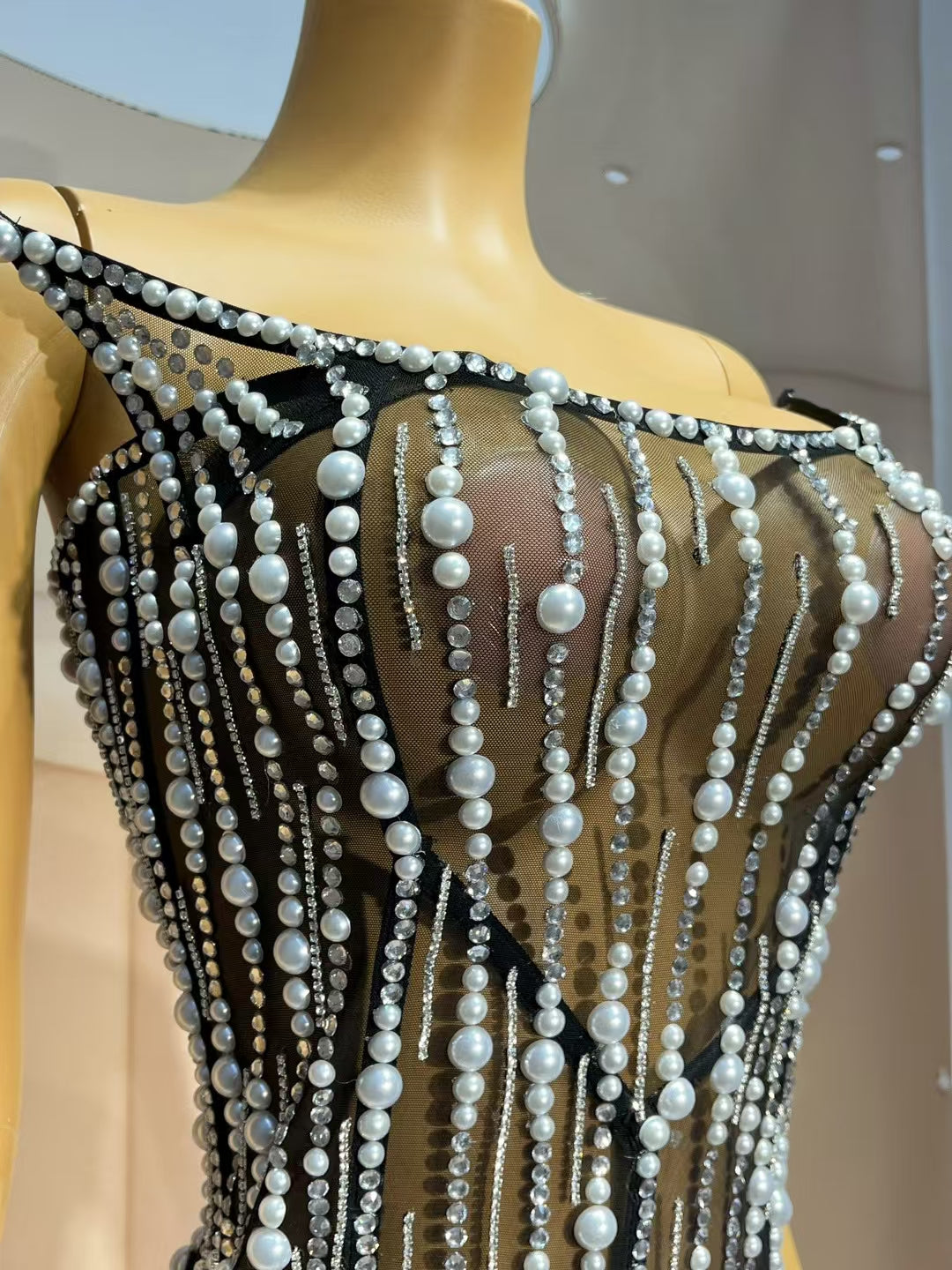 CELESINYI Xifeng Crystal Pearl Rain Mini Dress