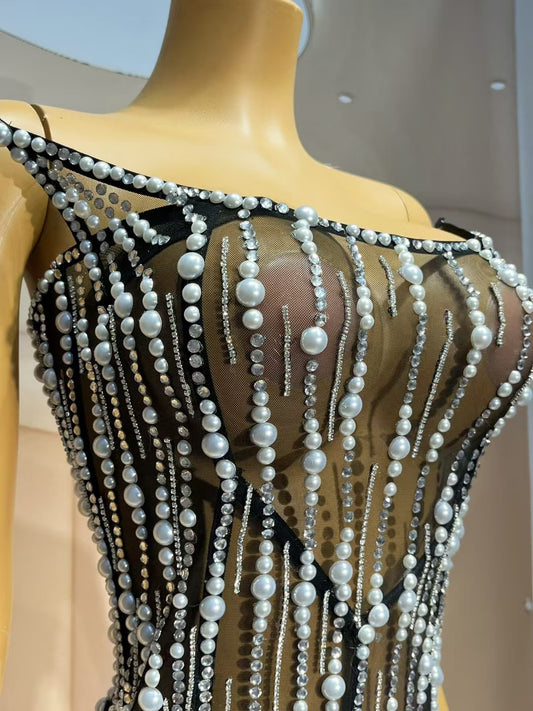 CELESINYI Xifeng Crystal Pearl Rain Mini Dress