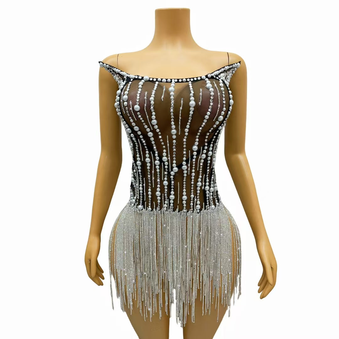 CELESINYI Xifeng Crystal Pearl Rain Mini Dress