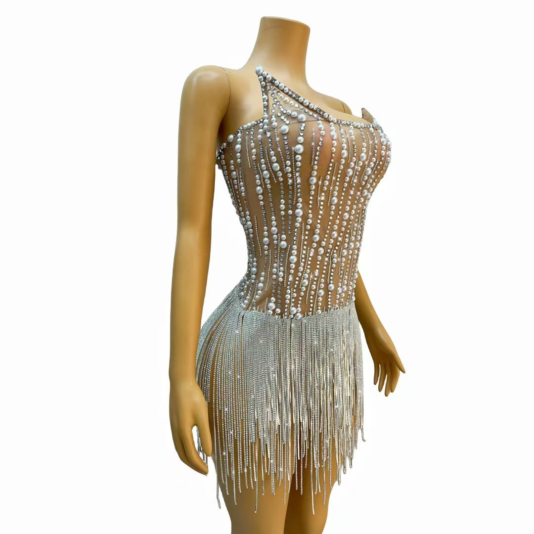 CELESINYI Xifeng Crystal Pearl Rain Mini Dress