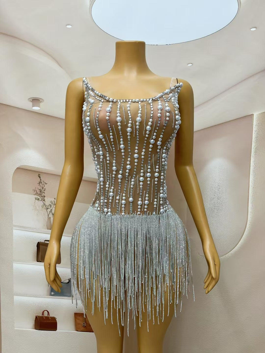 CELESINYI Xifeng Crystal Pearl Rain Mini Dress