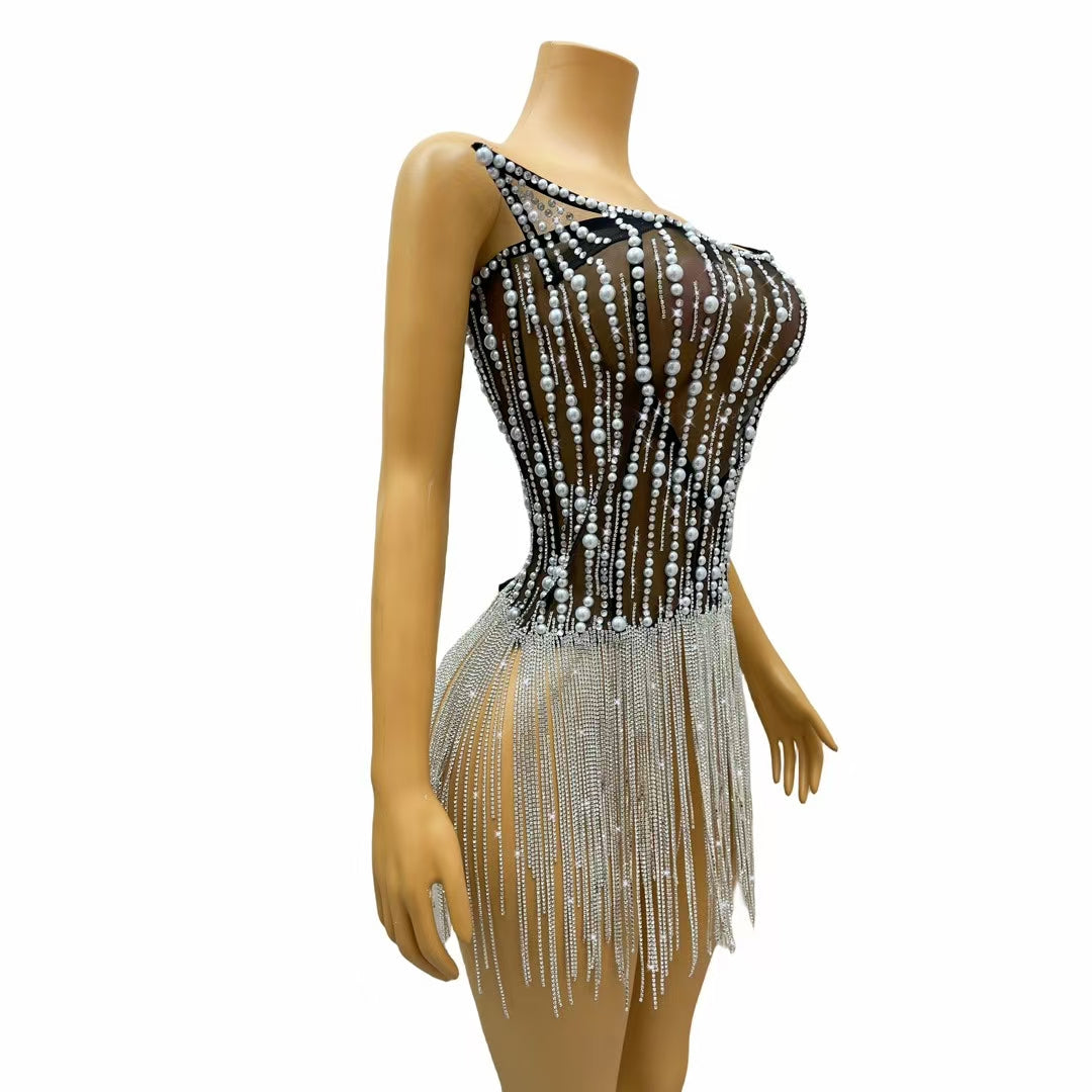 CELESINYI Xifeng Crystal Pearl Rain Mini Dress