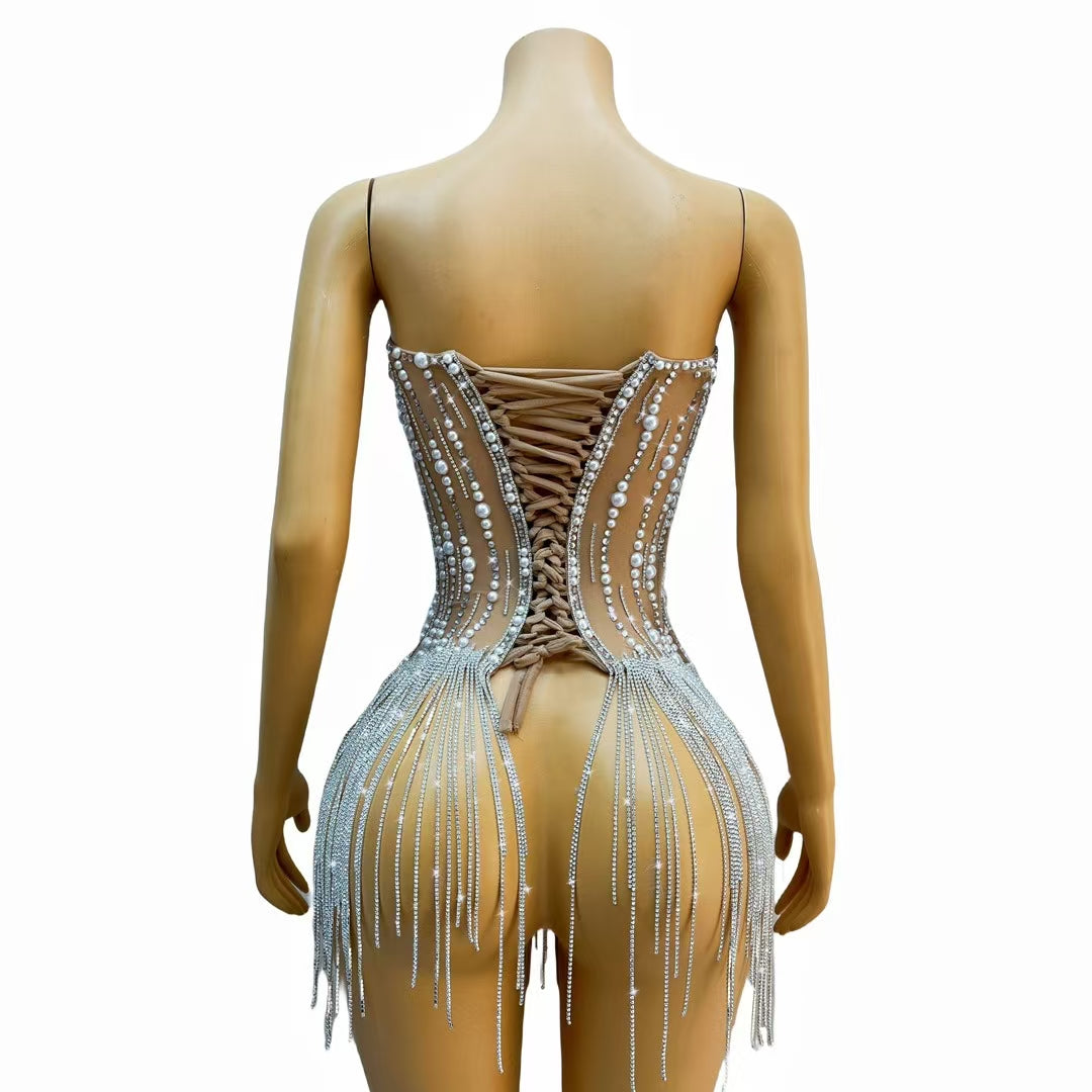 CELESINYI Xifeng Crystal Pearl Rain Mini Dress
