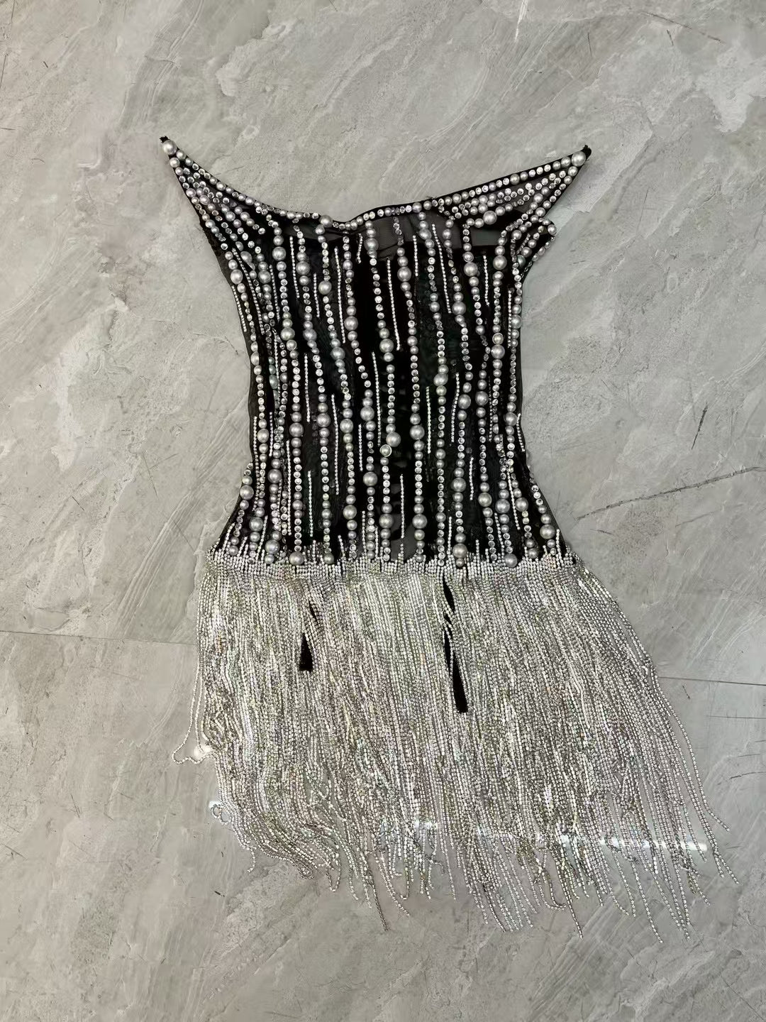 CELESINYI Xifeng Crystal Pearl Rain Mini Dress