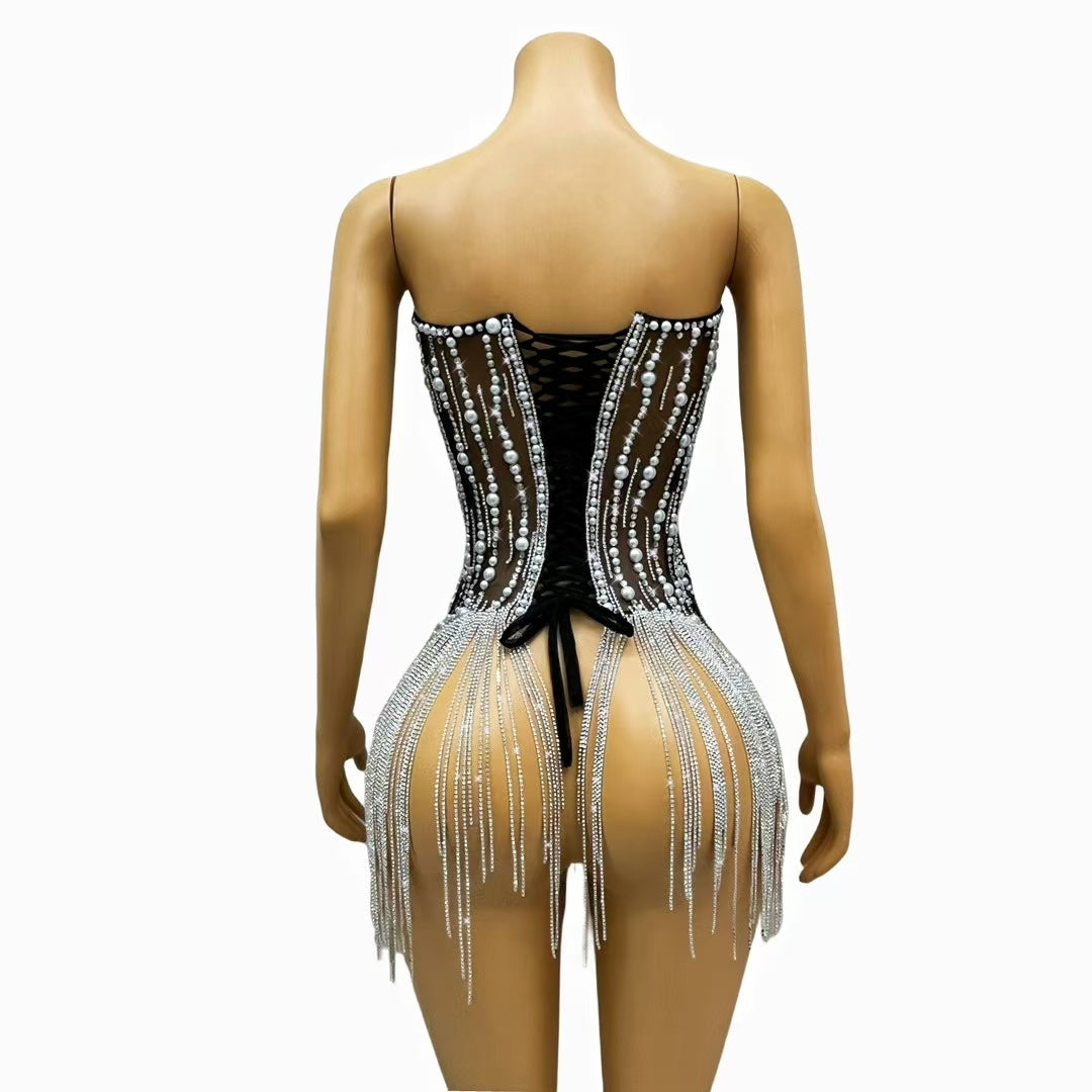 CELESINYI Xifeng Crystal Pearl Rain Mini Dress