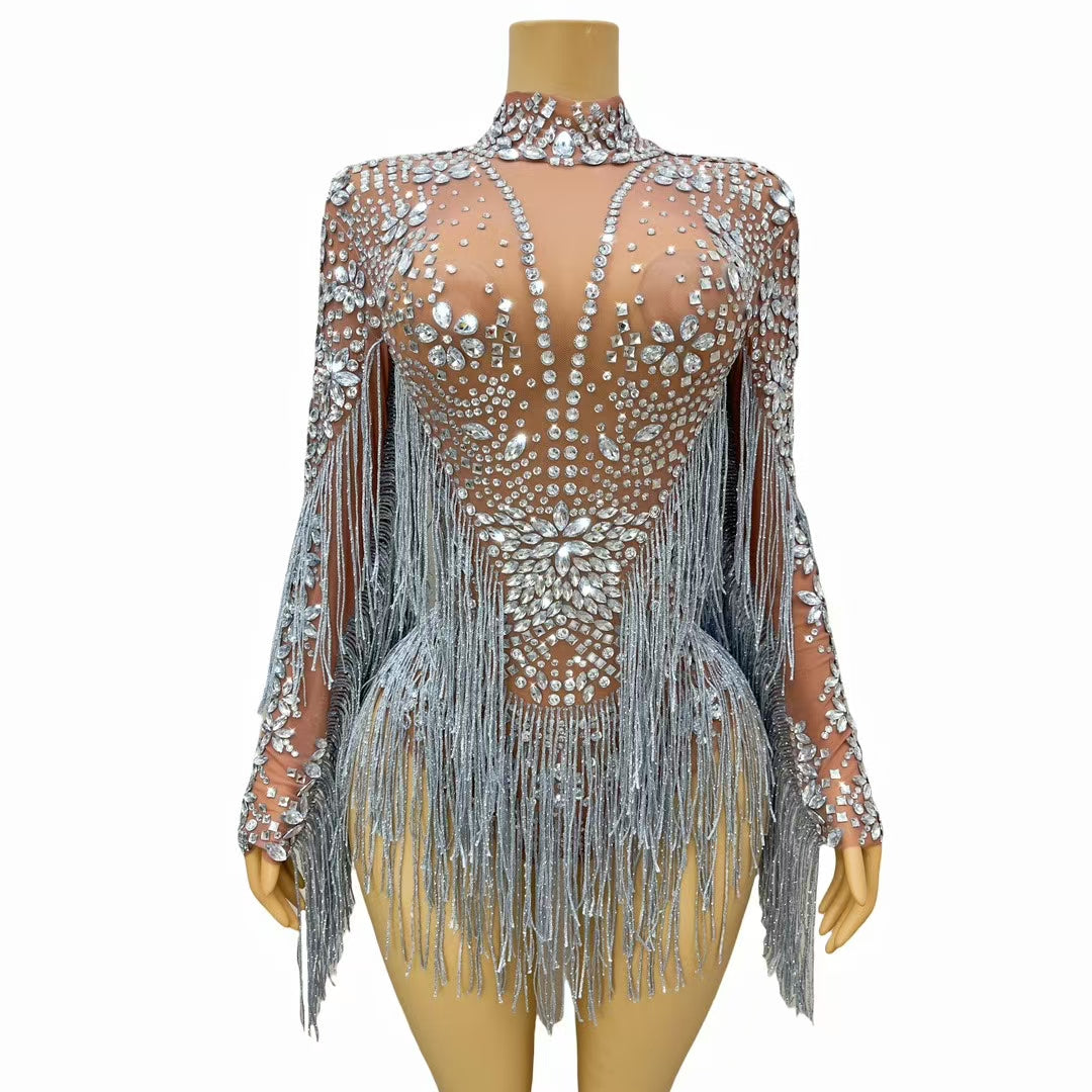 CELESINYI Shenhui Crystal Silver Fringe Bodysuit