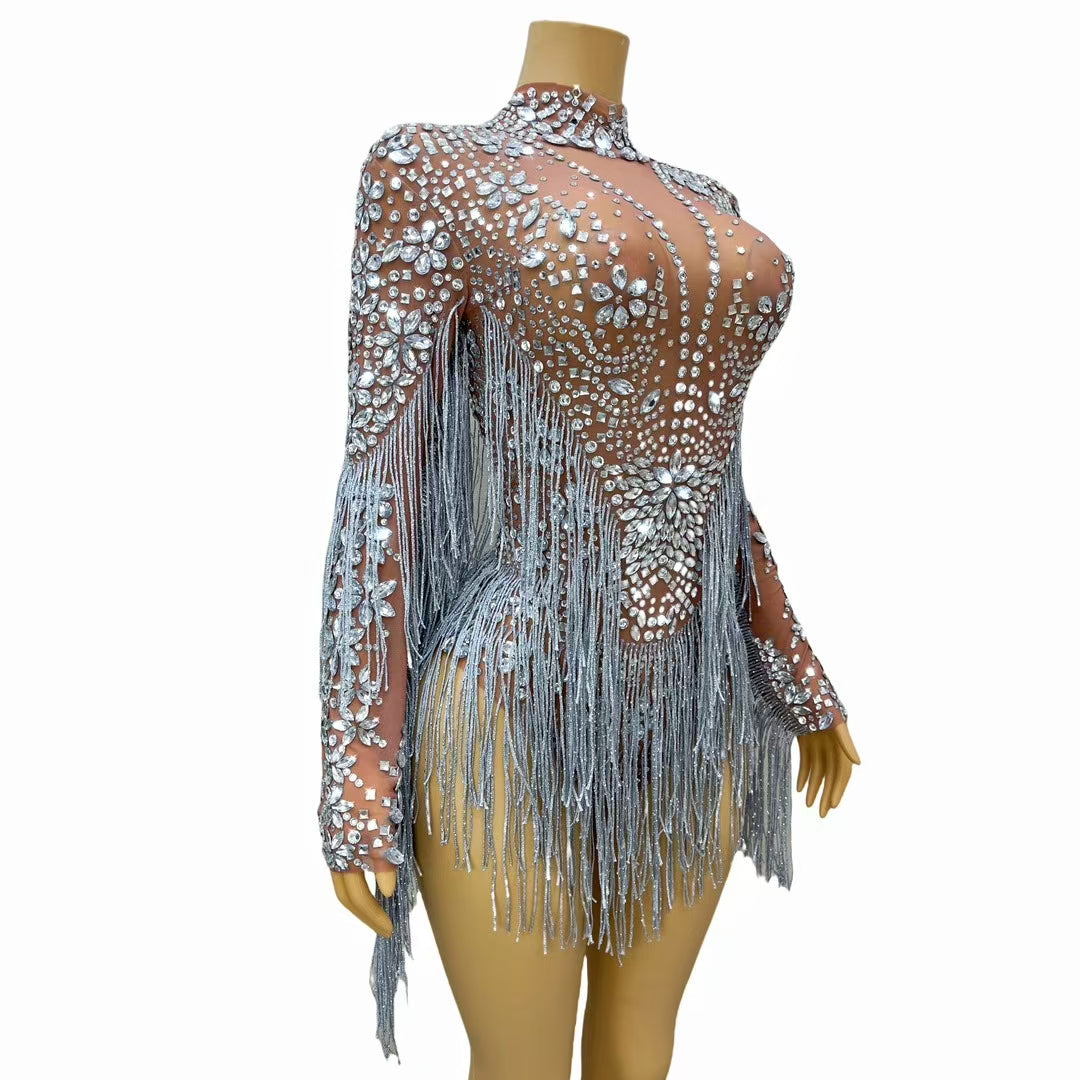CELESINYI Shenhui Crystal Silver Fringe Bodysuit