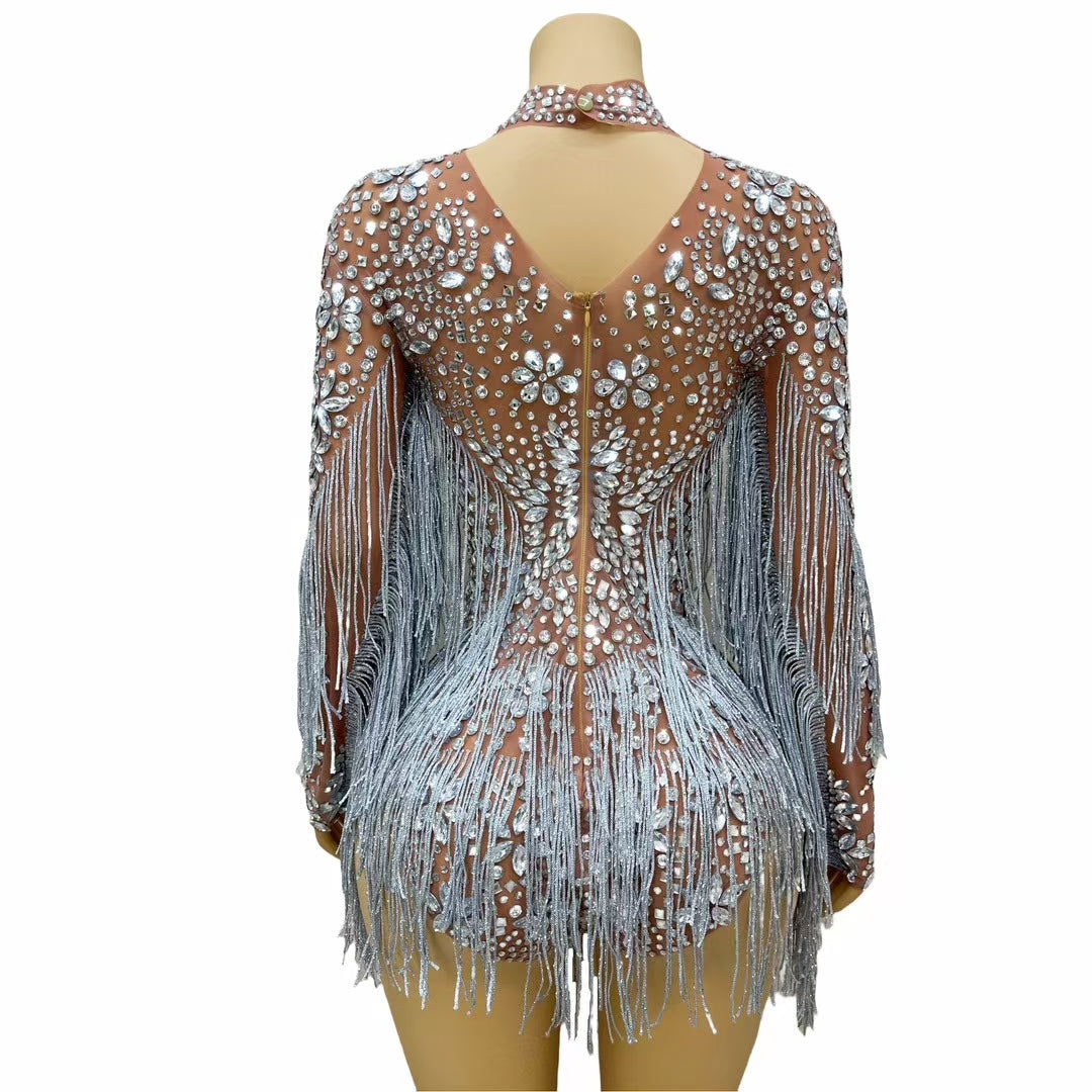 CELESINYI Shenhui Crystal Silver Fringe Bodysuit