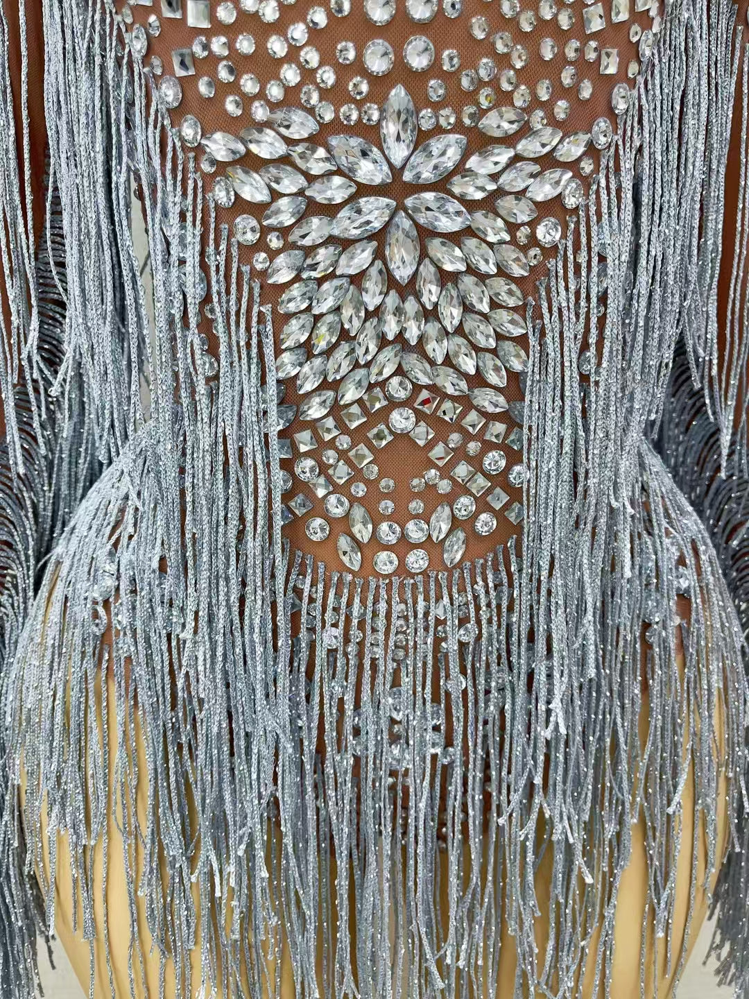 CELESINYI Shenhui Crystal Silver Fringe Bodysuit