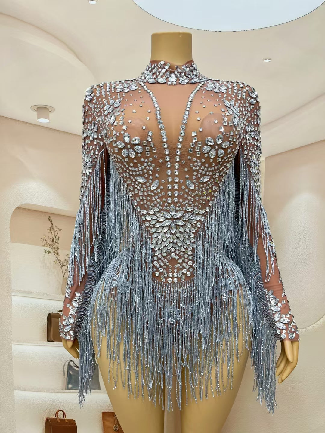 CELESINYI Shenhui Crystal Silver Fringe Bodysuit