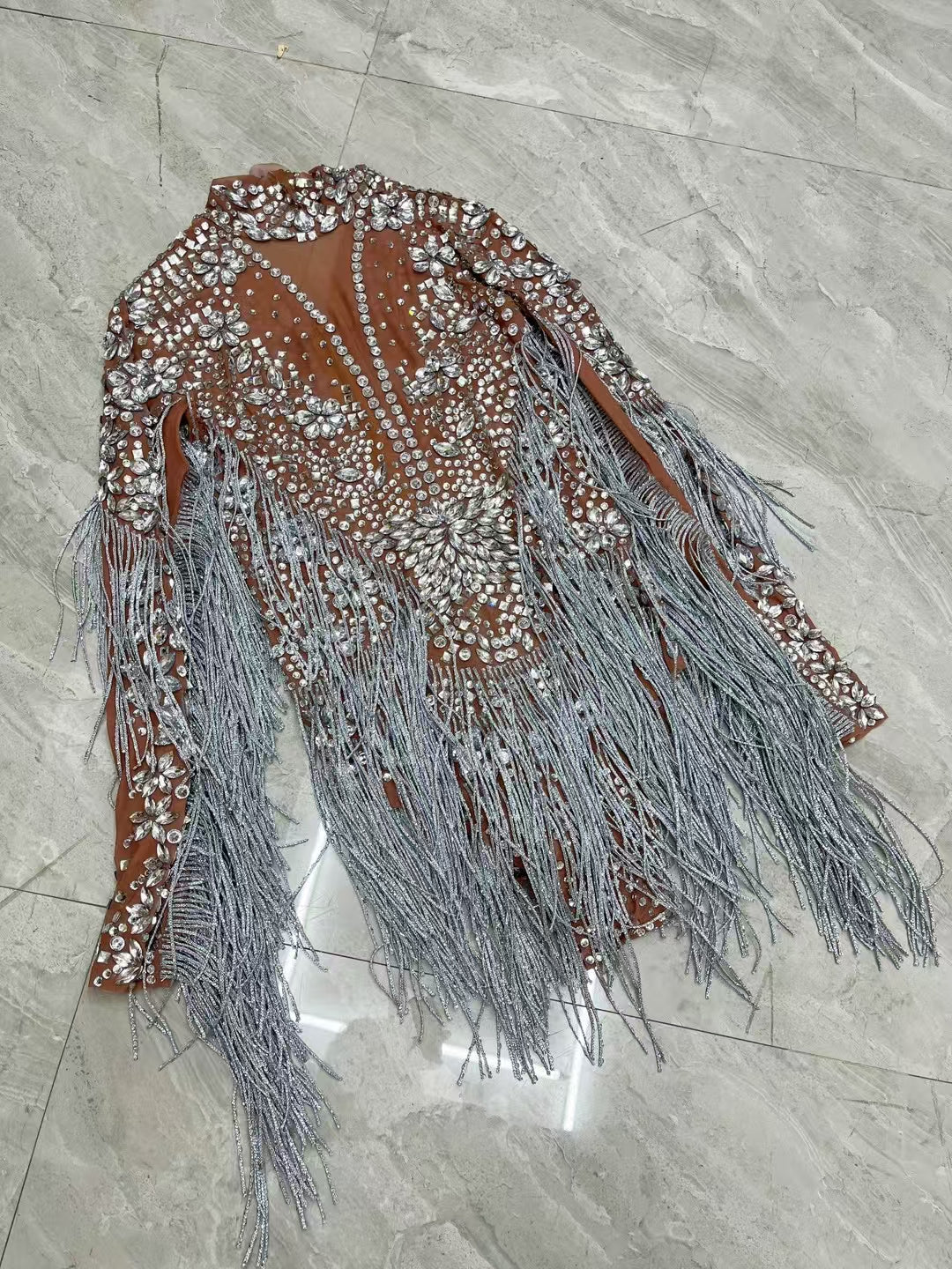 CELESINYI Shenhui Crystal Silver Fringe Bodysuit
