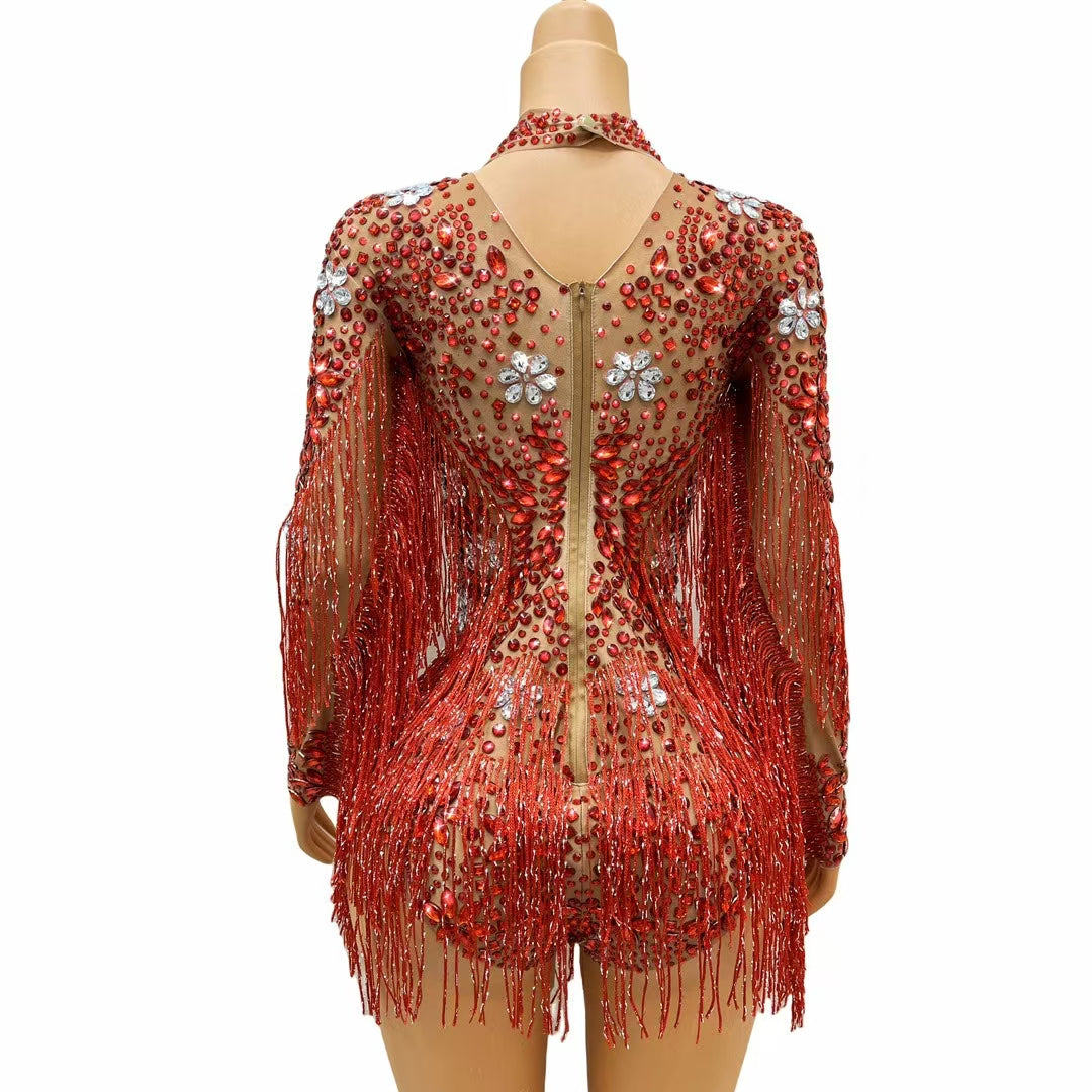 CELESINYI Shenhong Crystal Ruby Fringe Leotard