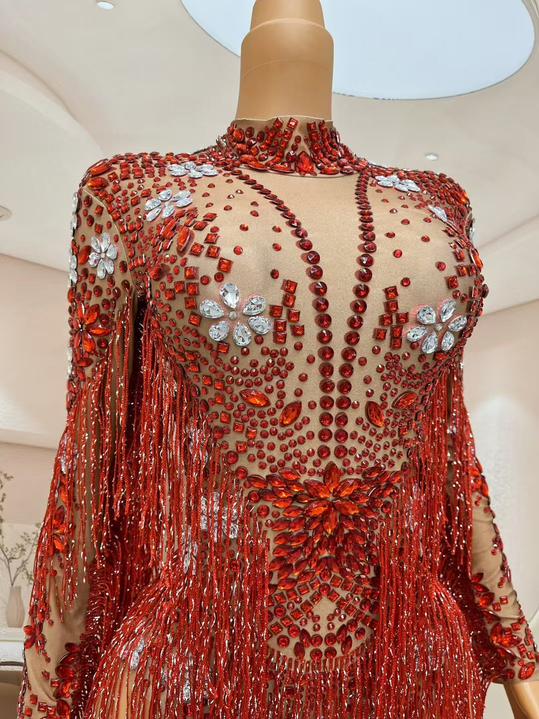 CELESINYI Shenhong Crystal Ruby Fringe Leotard