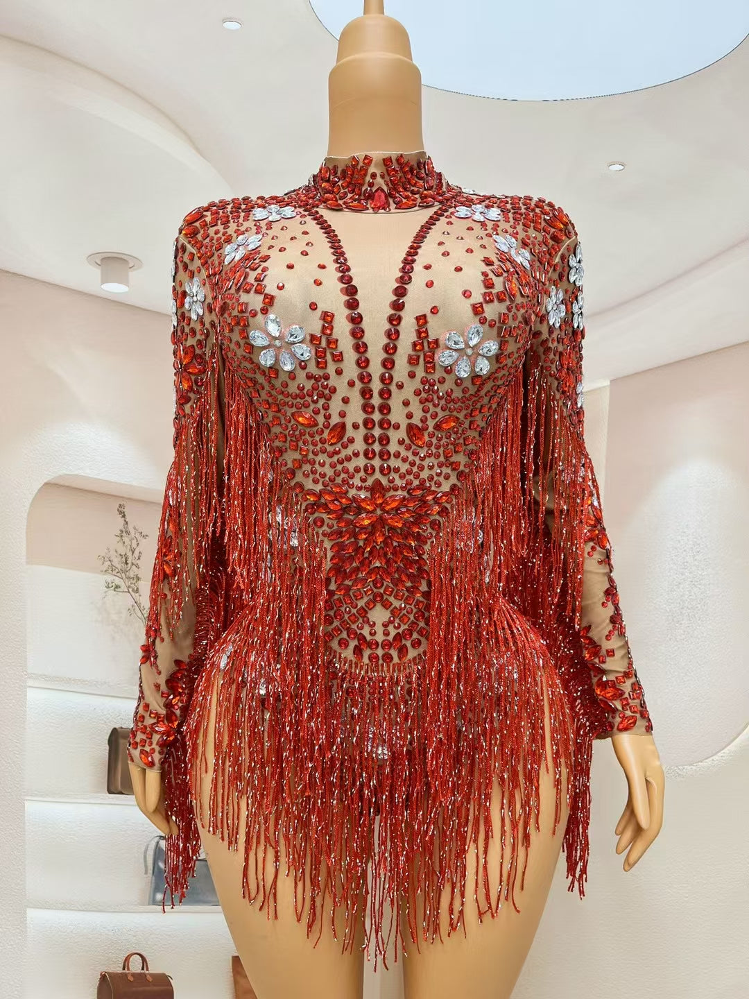 CELESINYI Shenhong Crystal Ruby Fringe Leotard