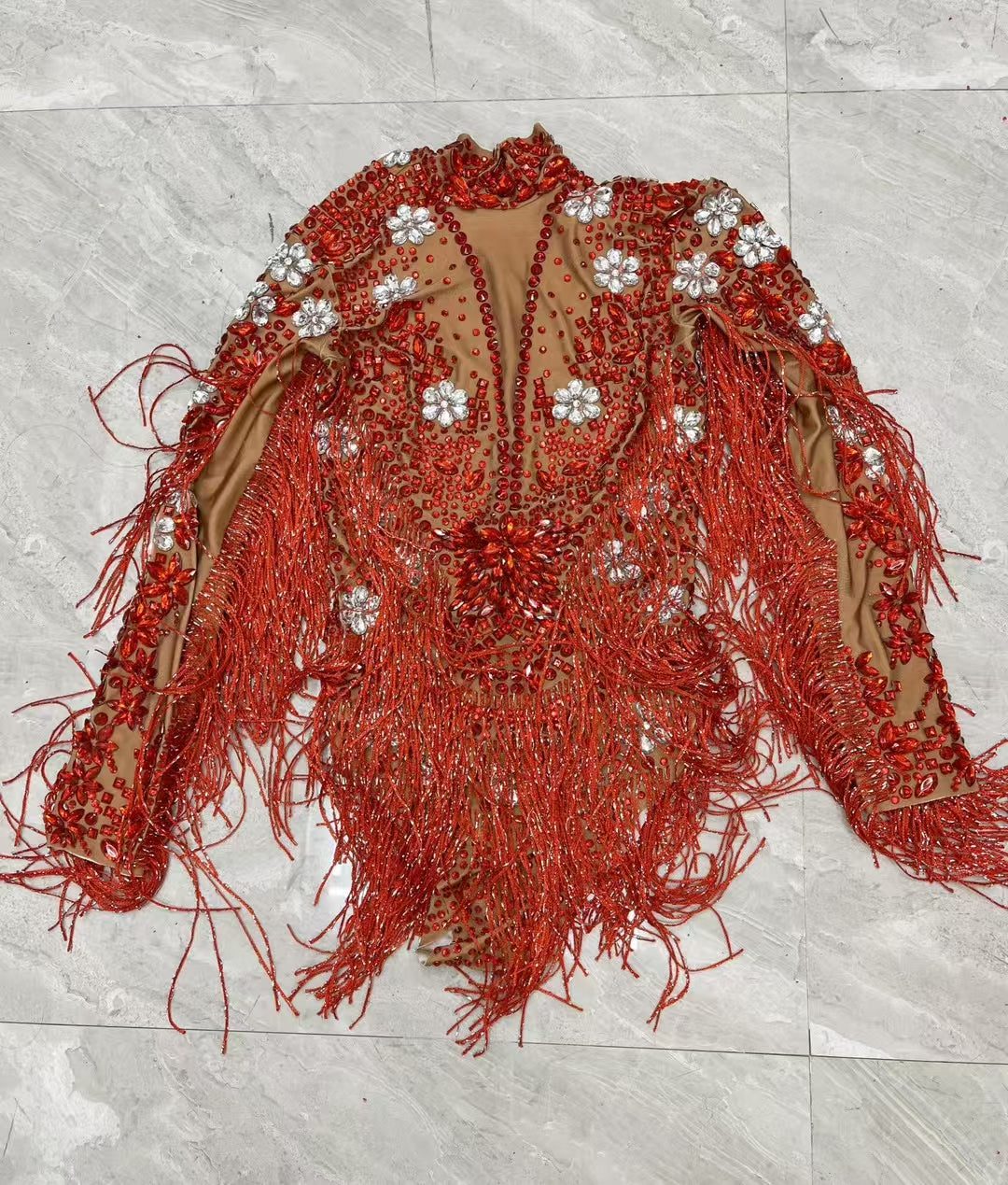 CELESINYI Shenhong Crystal Ruby Fringe Leotard
