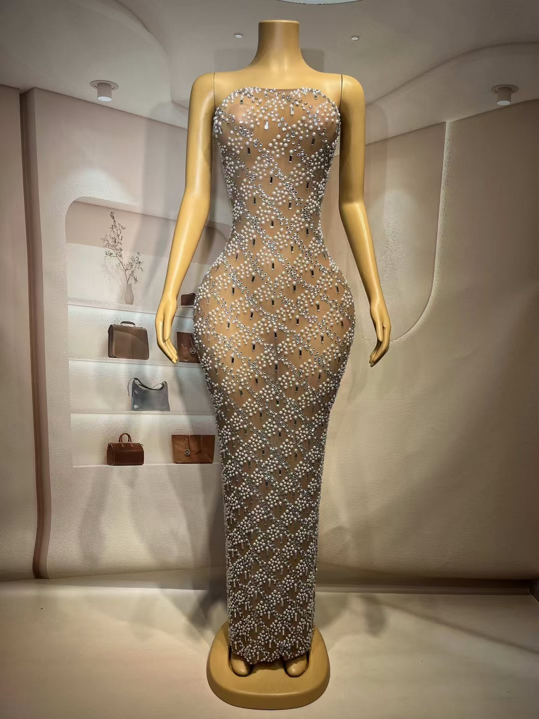 CELESINYI Zhuwang Crystal Pearl Lattice Gown