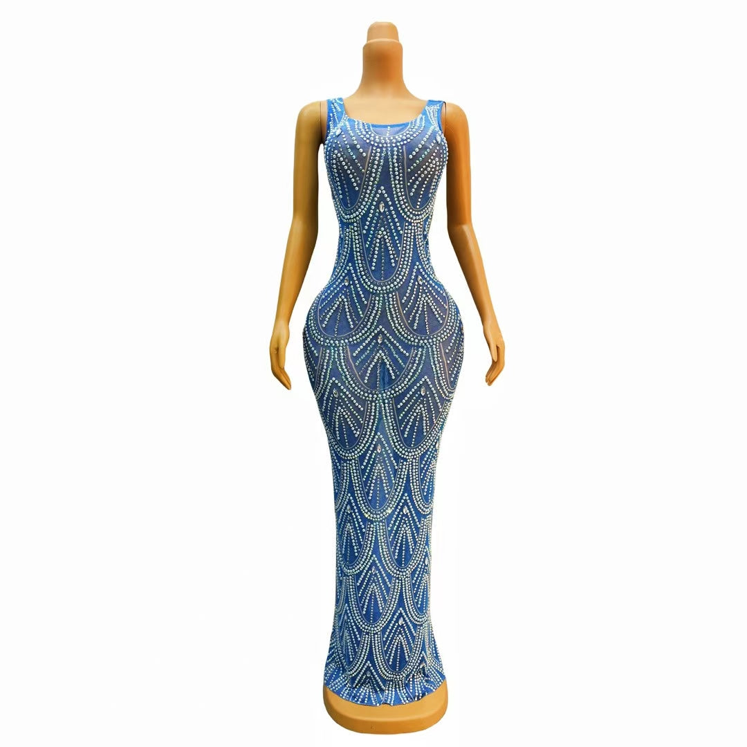 CELESINYI Lanshuibo Crystal Cerulean Pearl Mini Dress