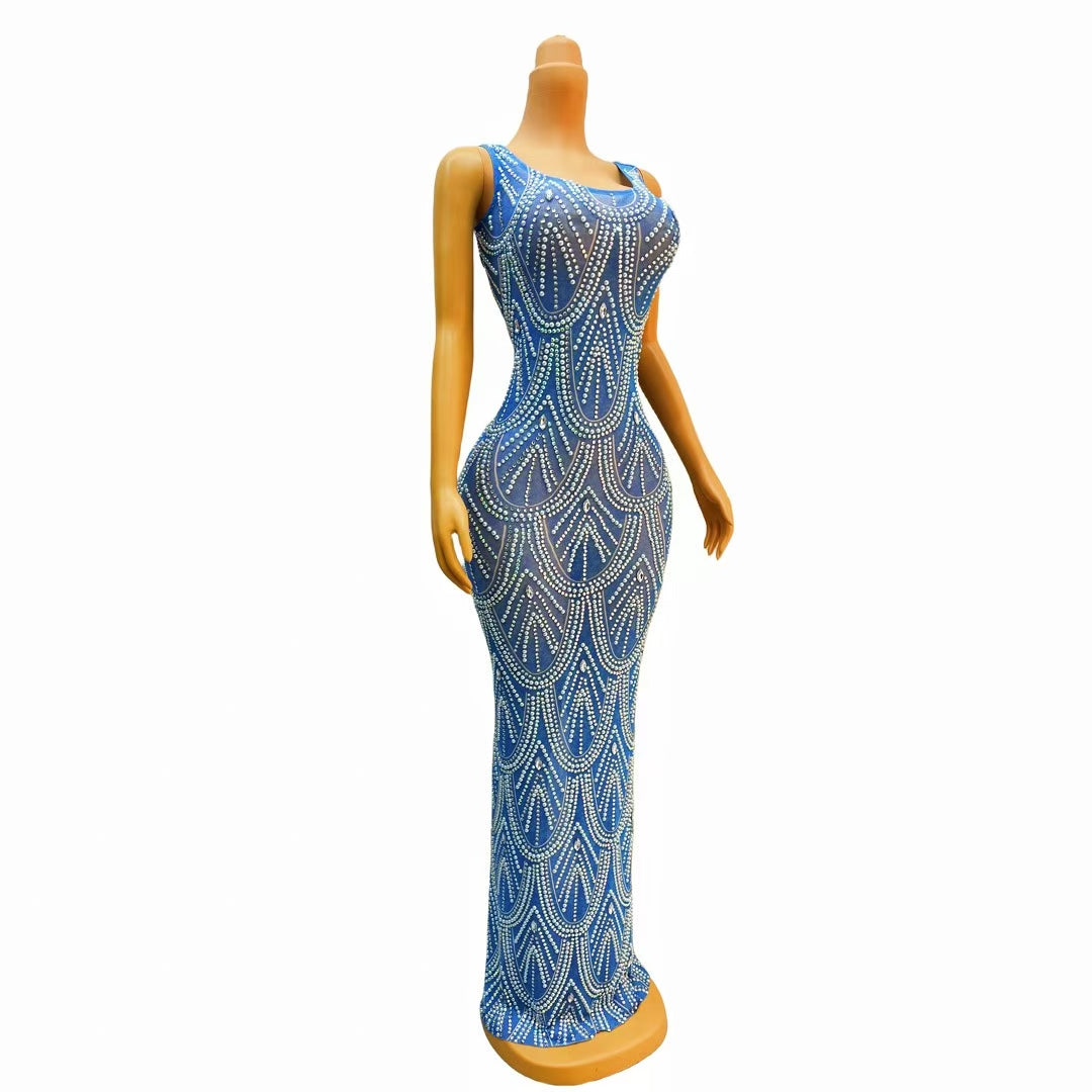 CELESINYI Lanshuibo Crystal Cerulean Pearl Mini Dress