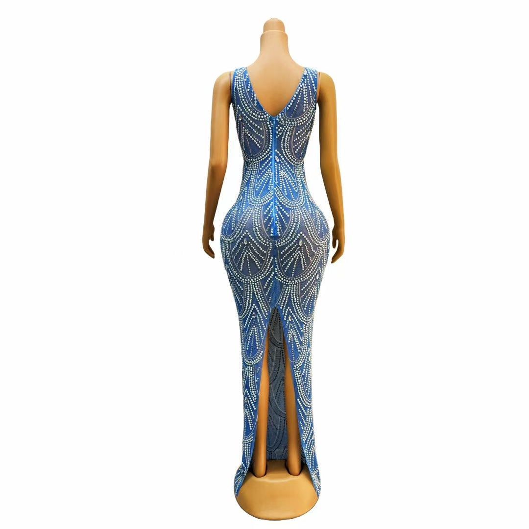 CELESINYI Lanshuibo Crystal Cerulean Pearl Mini Dress