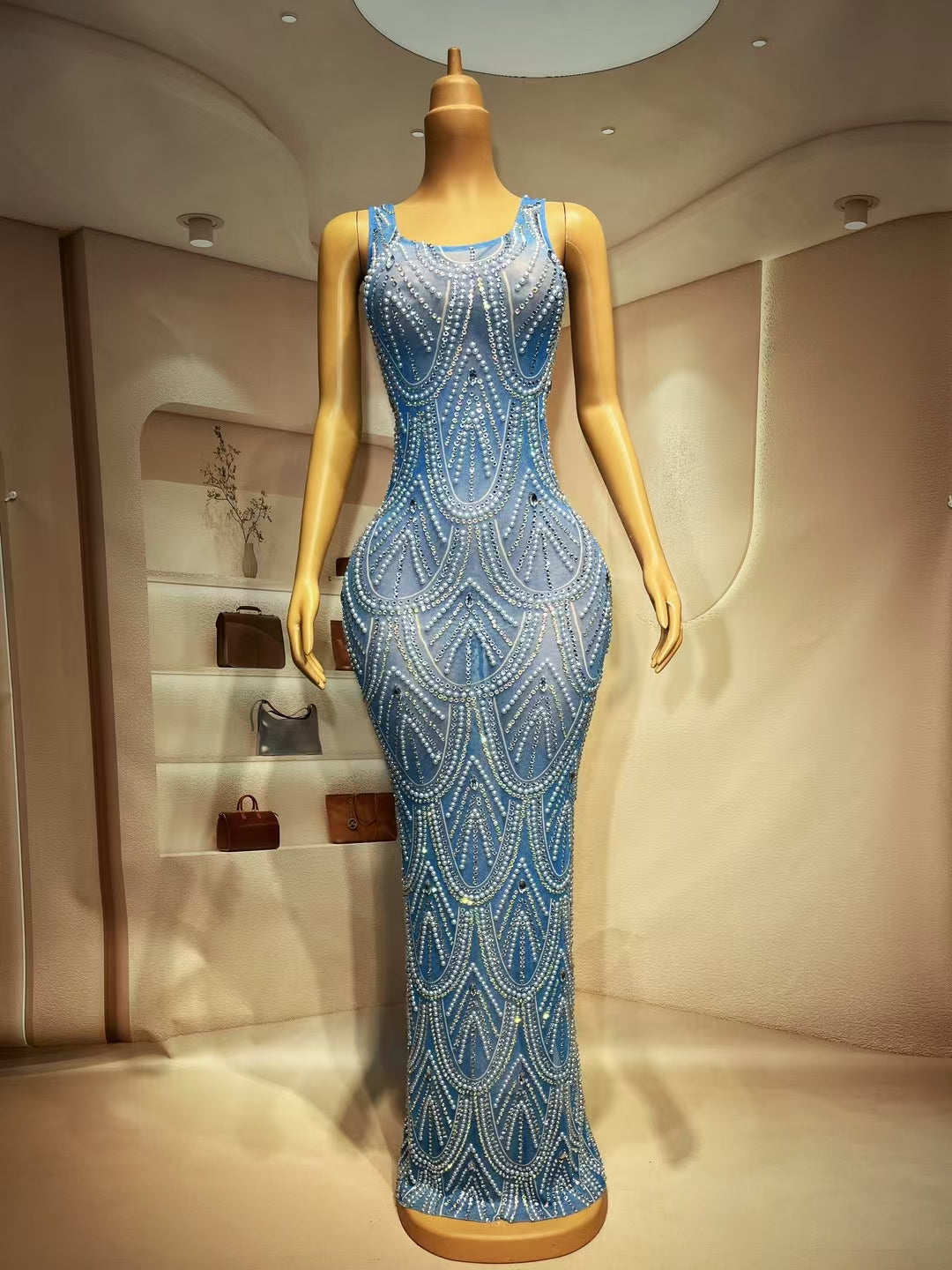 CELESINYI Lanshuibo Crystal Cerulean Pearl Mini Dress