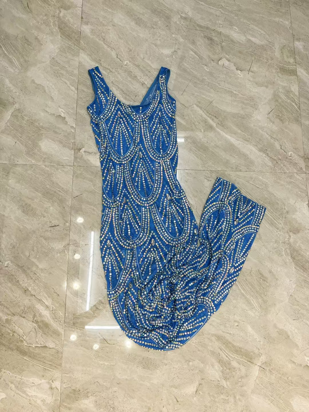 CELESINYI Lanshuibo Crystal Cerulean Pearl Mini Dress