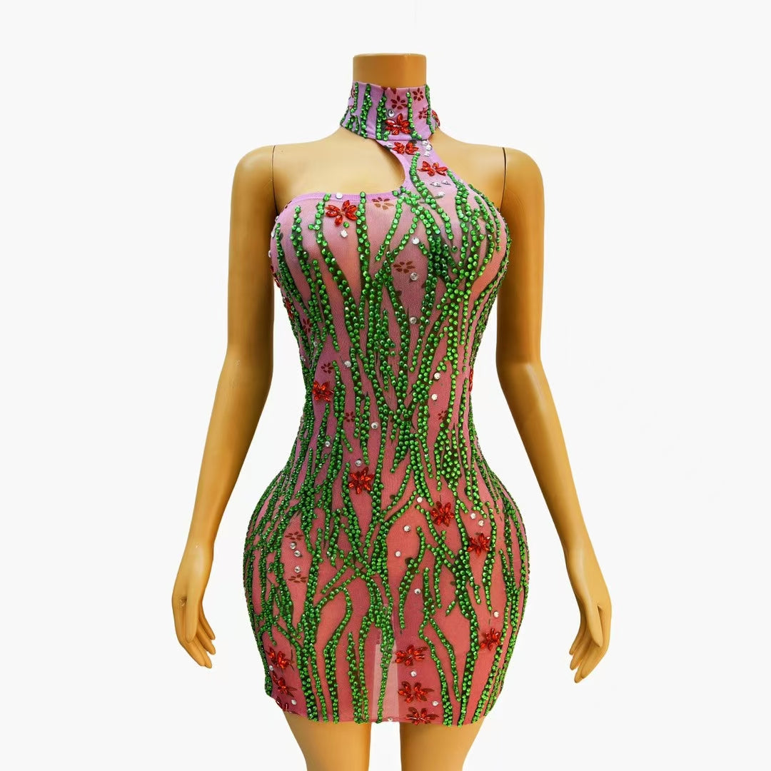 CELESINYI Daomiao Crystal Emerald Vine Mini Dress