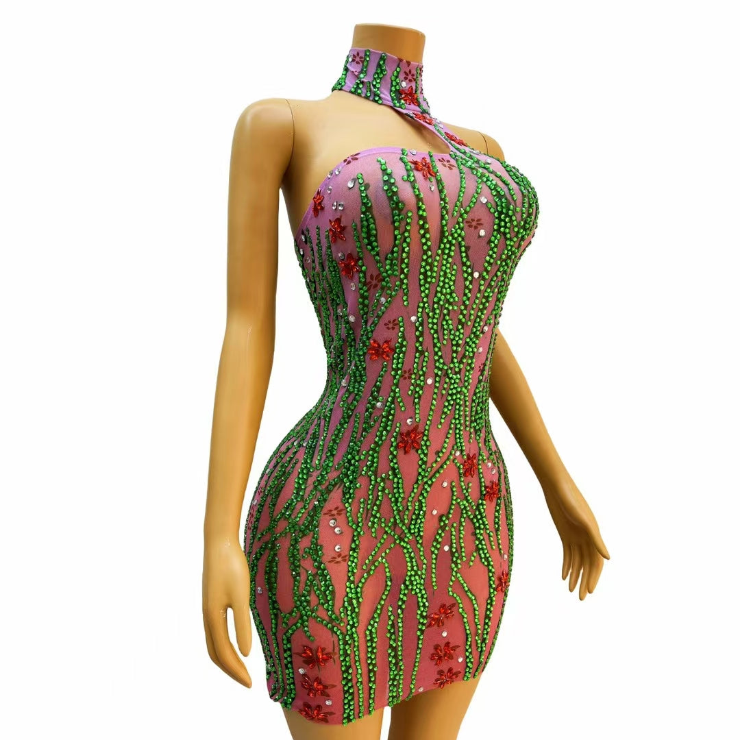 CELESINYI Daomiao Crystal Emerald Vine Mini Dress