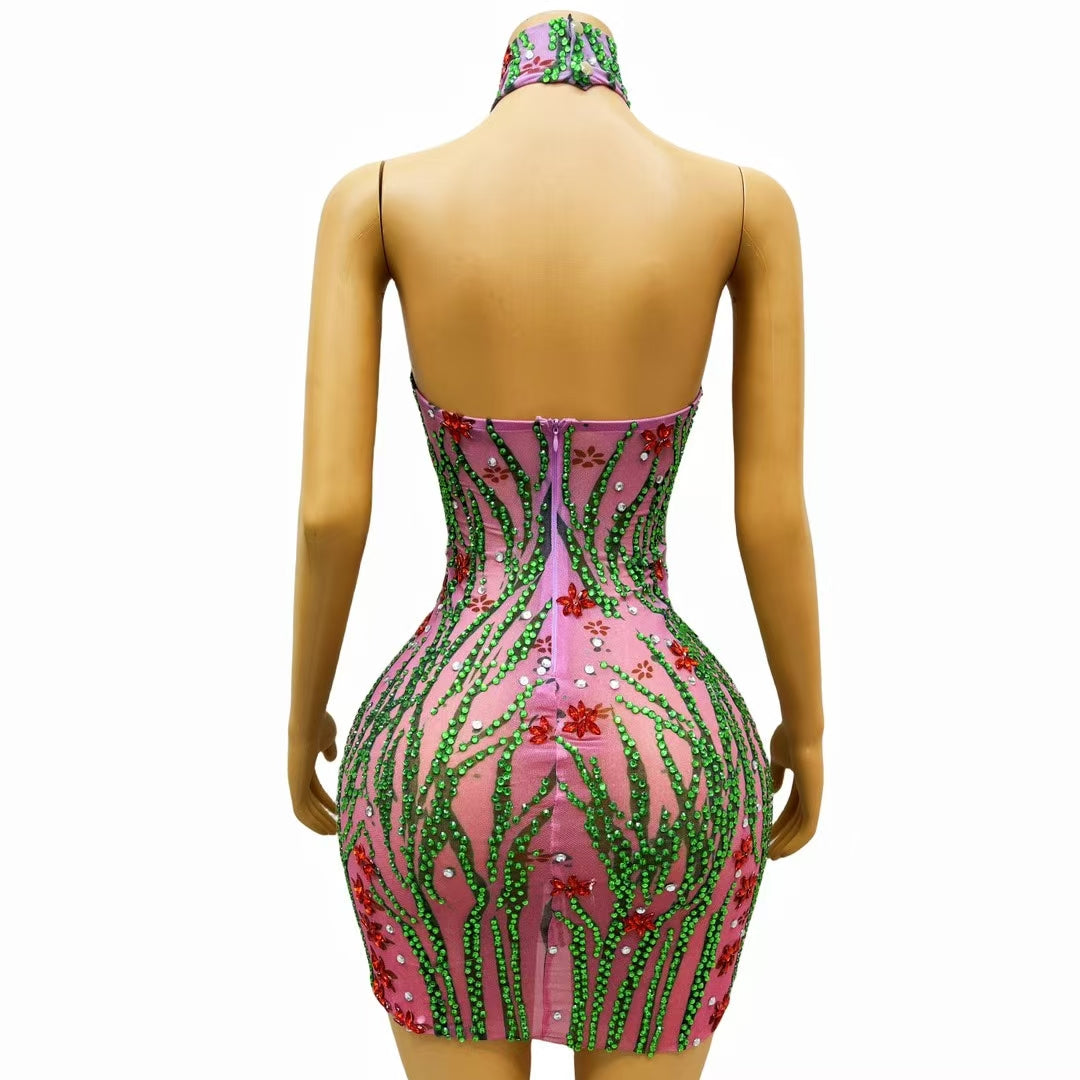 CELESINYI Daomiao Crystal Emerald Vine Mini Dress