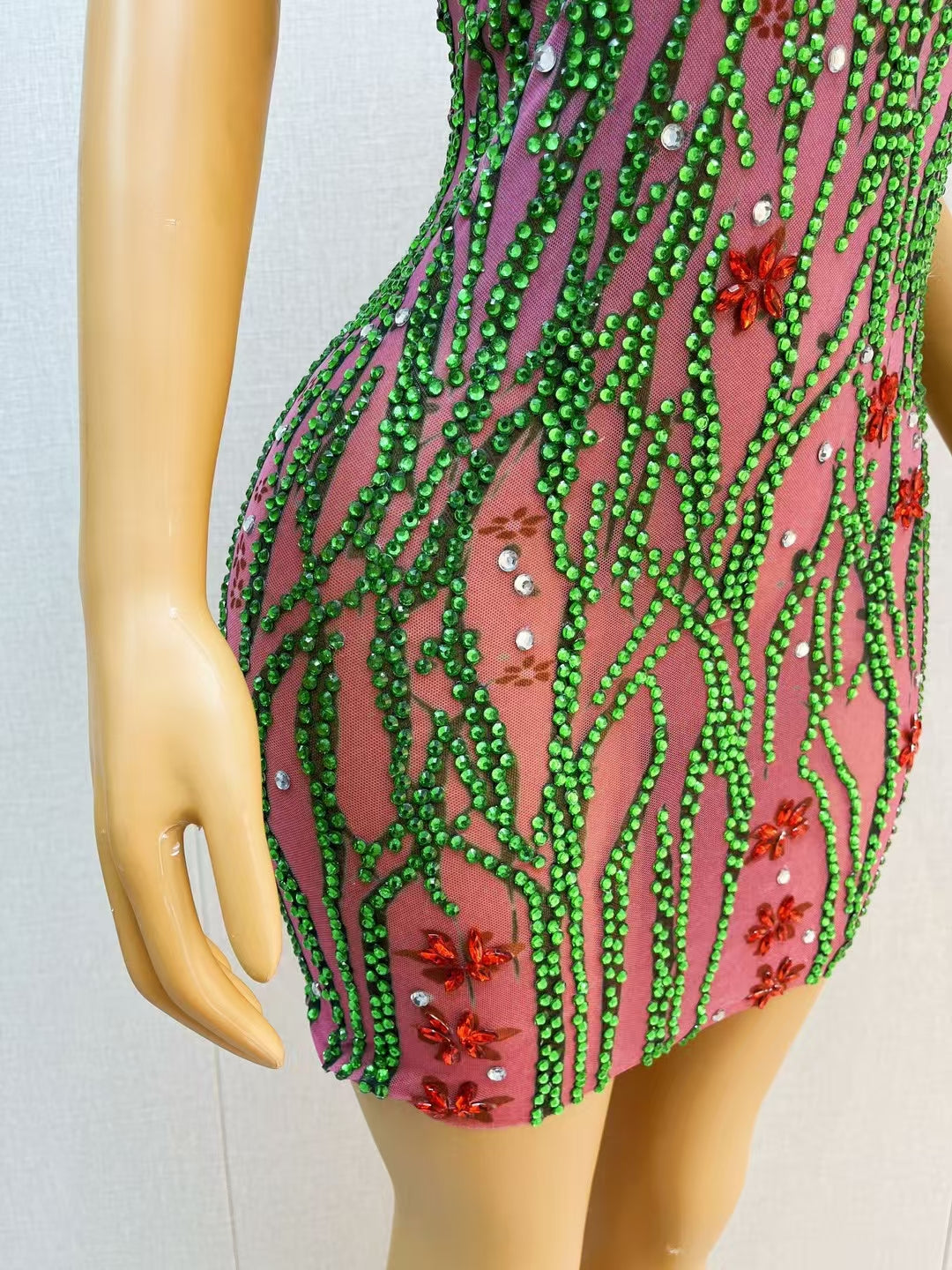 CELESINYI Daomiao Crystal Emerald Vine Mini Dress