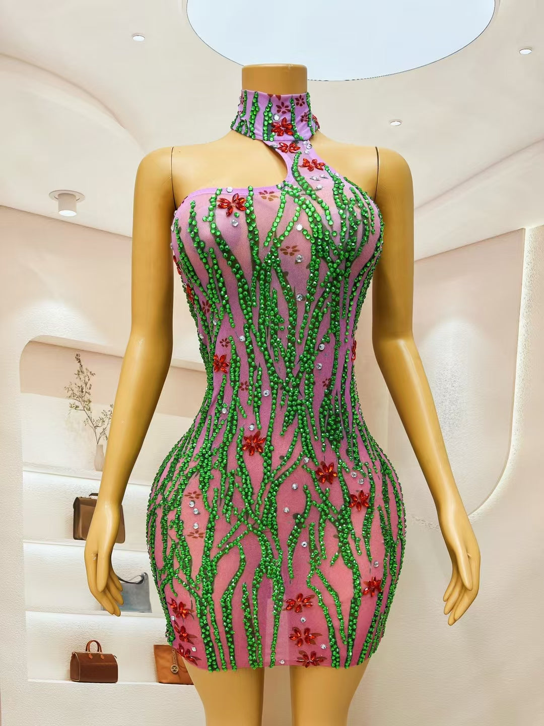 CELESINYI Daomiao Crystal Emerald Vine Mini Dress