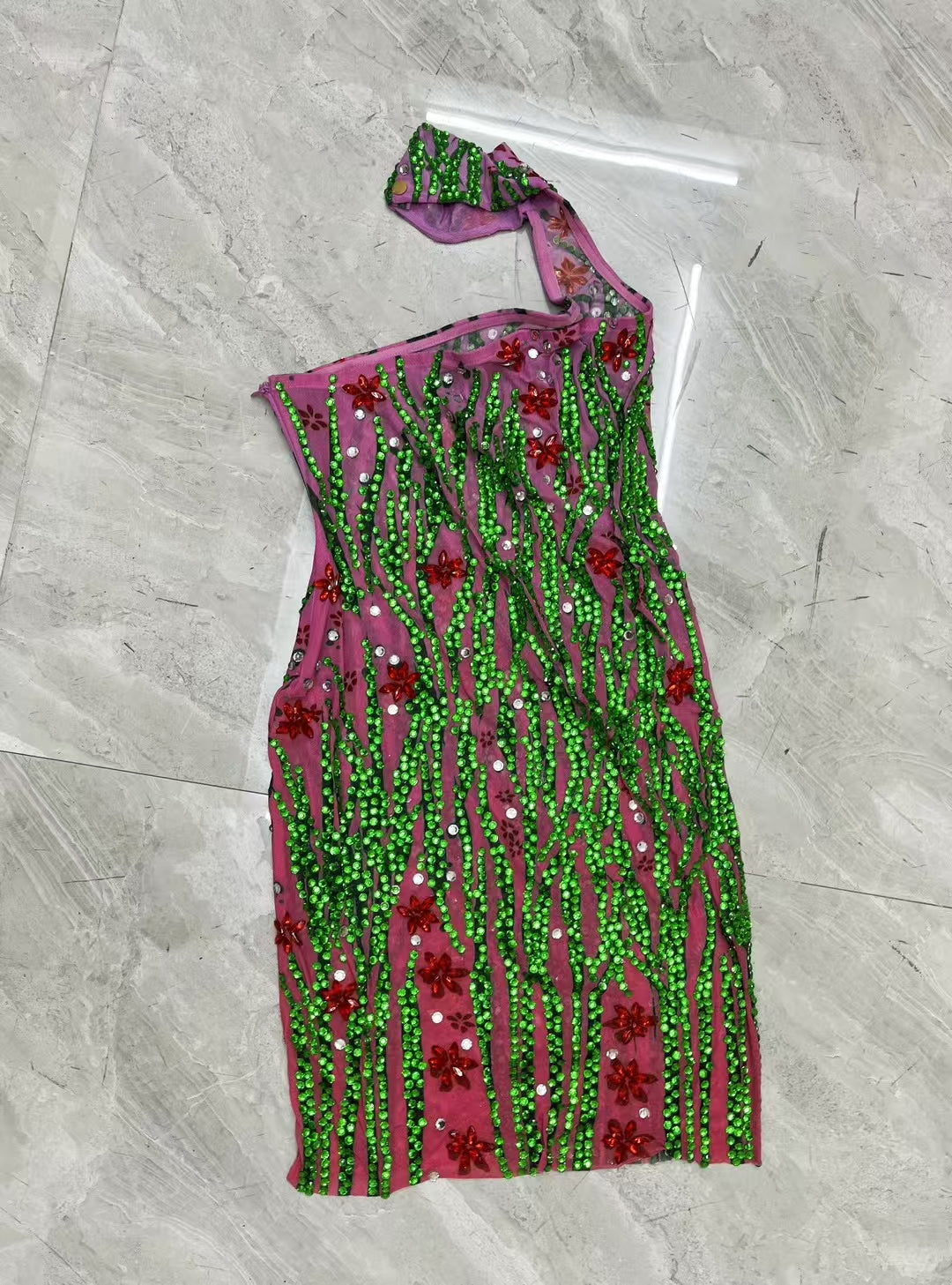 CELESINYI Daomiao Crystal Emerald Vine Mini Dress