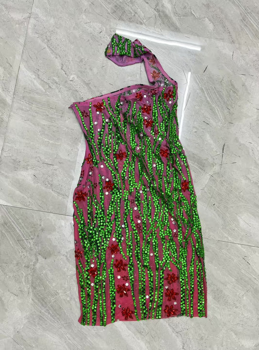 CELESINYI Daomiao Crystal Emerald Vine Mini Dress