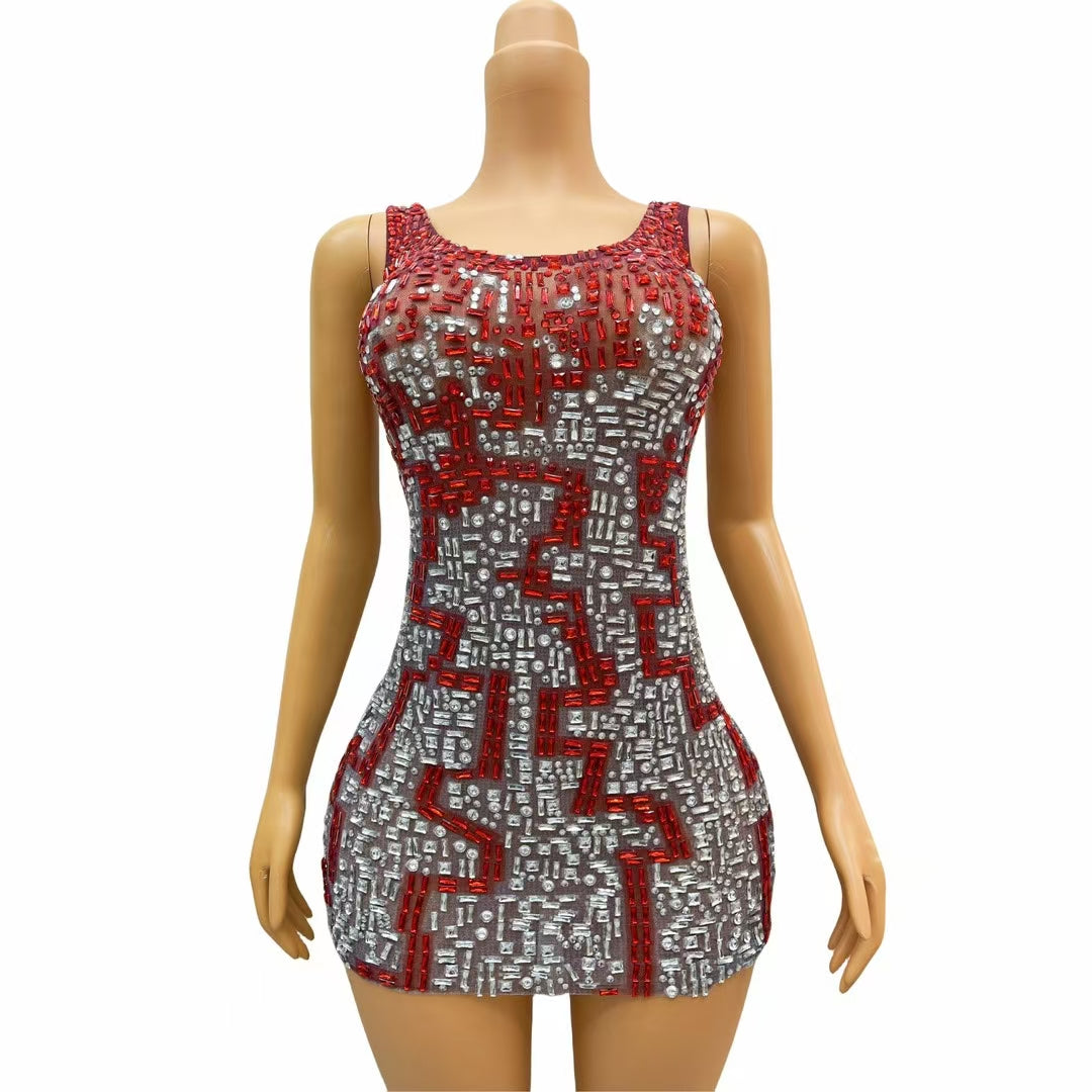 CELESINYI Migong Crystal Wine Mosaic Mini Dress