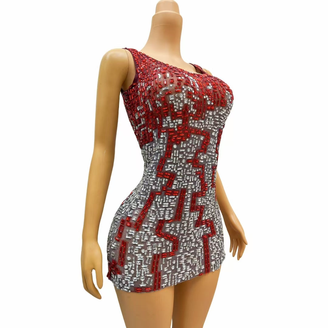 CELESINYI Migong Crystal Wine Mosaic Mini Dress