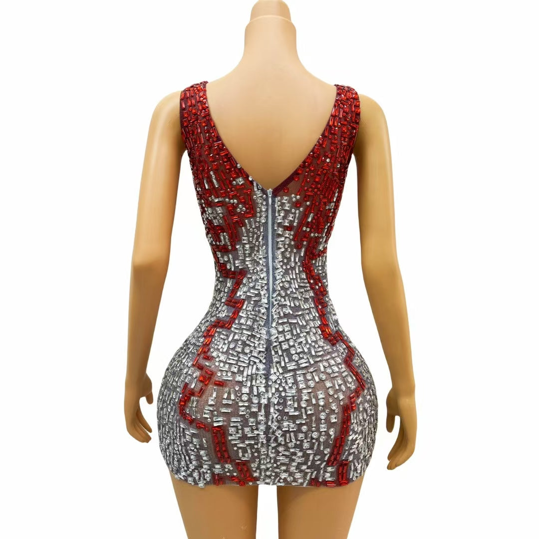 CELESINYI Migong Crystal Wine Mosaic Mini Dress