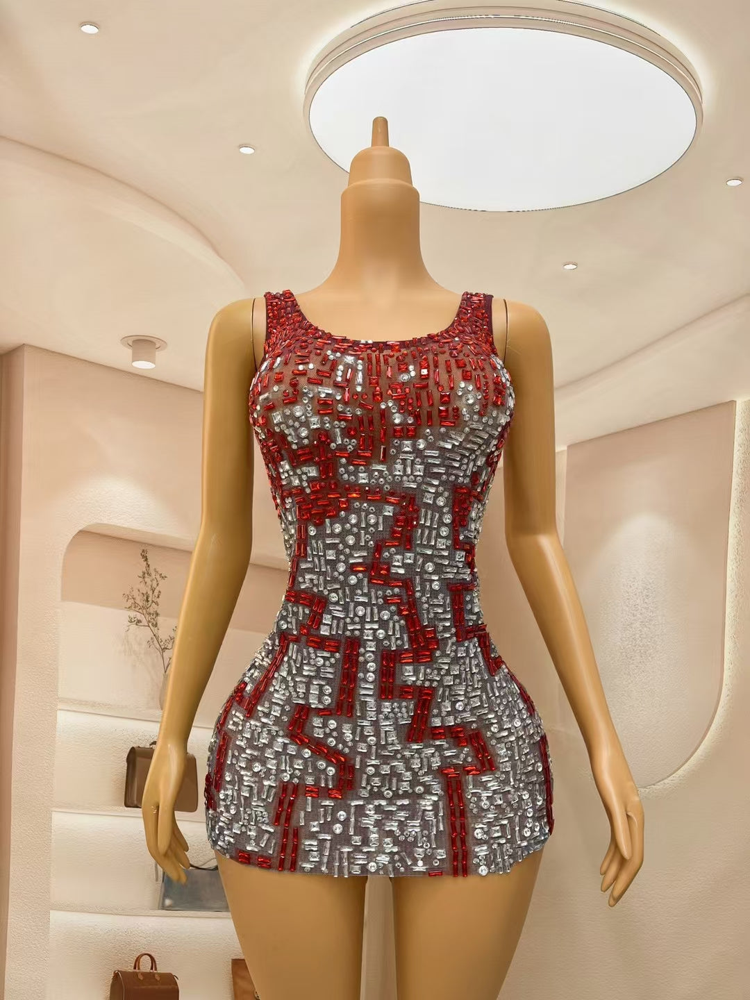 CELESINYI Migong Crystal Wine Mosaic Mini Dress